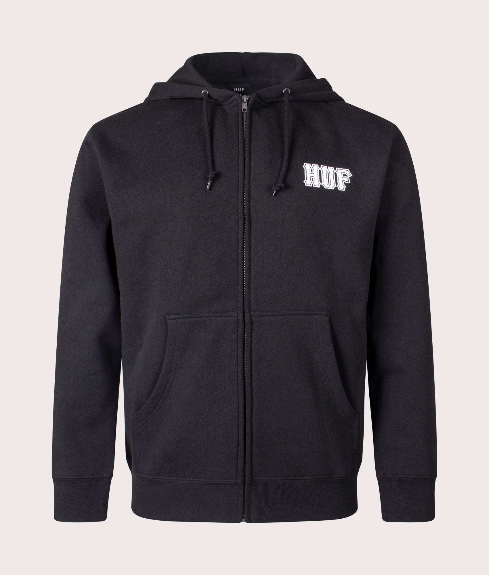 HUF Set Classic Logo Zip Through Hoodie in Black. Shot at EQVVS. Front detail shot 