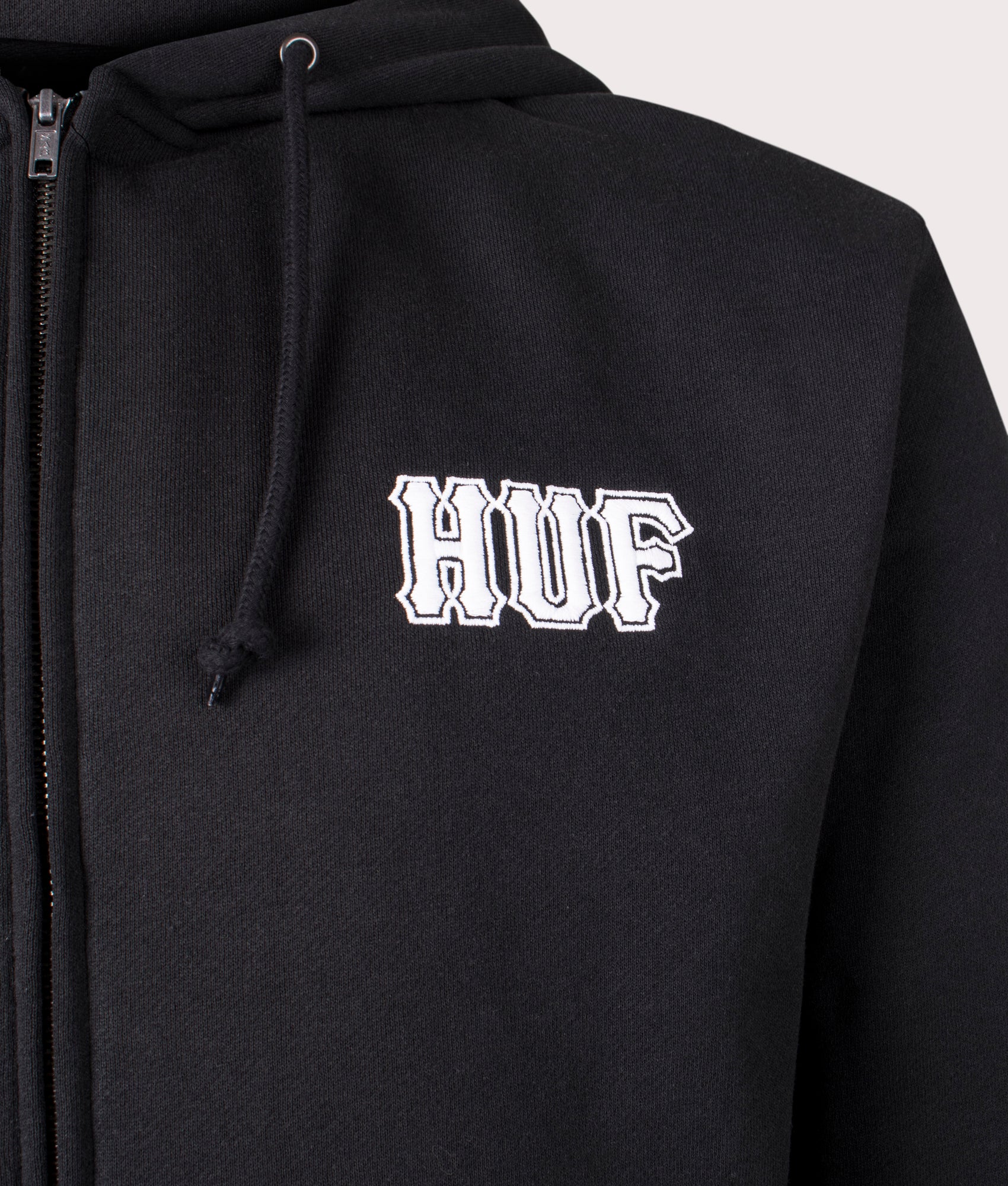 HUF Set Classic Logo Zip Through Hoodie in Black. Shot at EQVVS. Front logo shot 