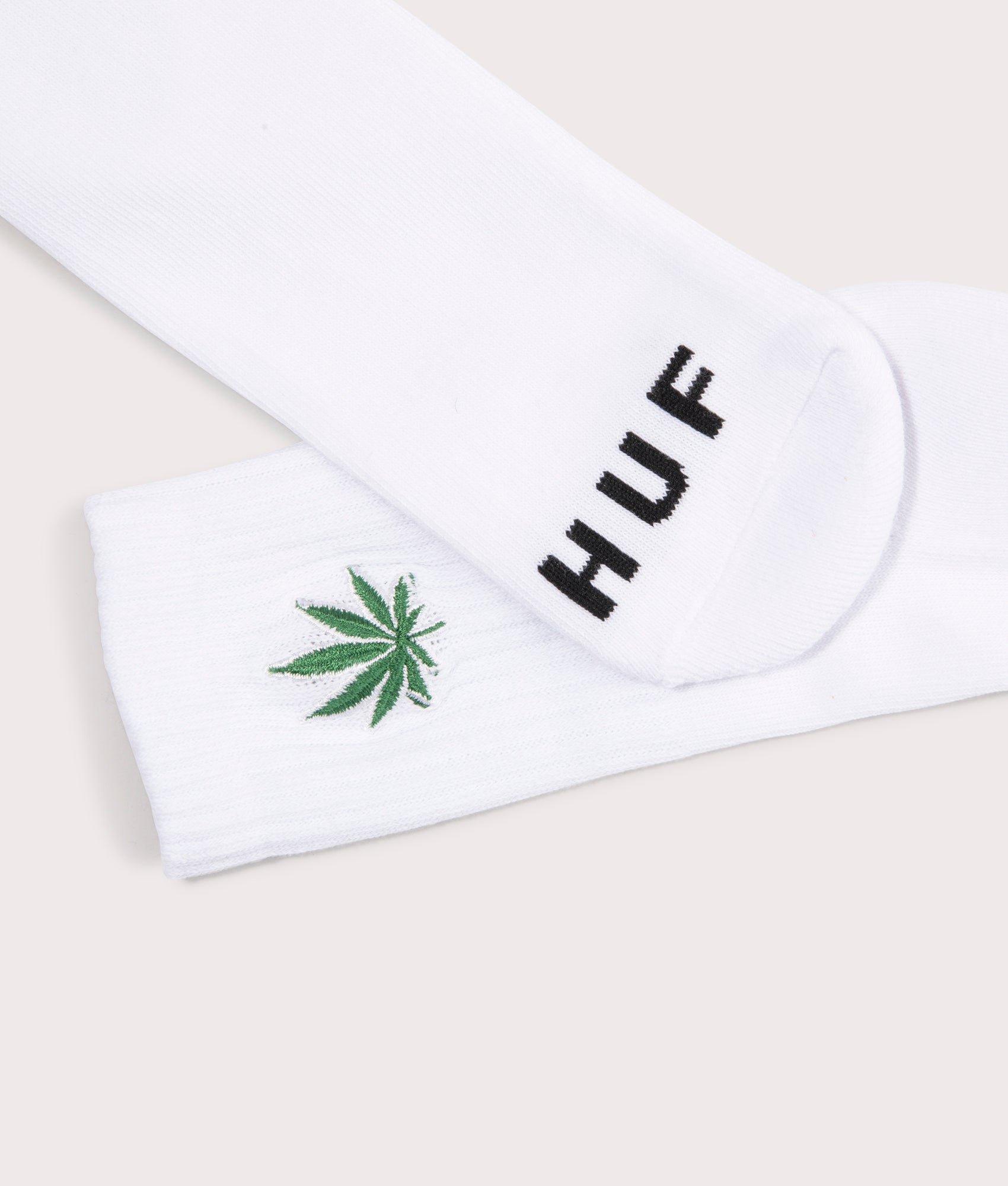HUF Plantlife Emb Socks in White. Shot at EQVVS.  Detail shot 