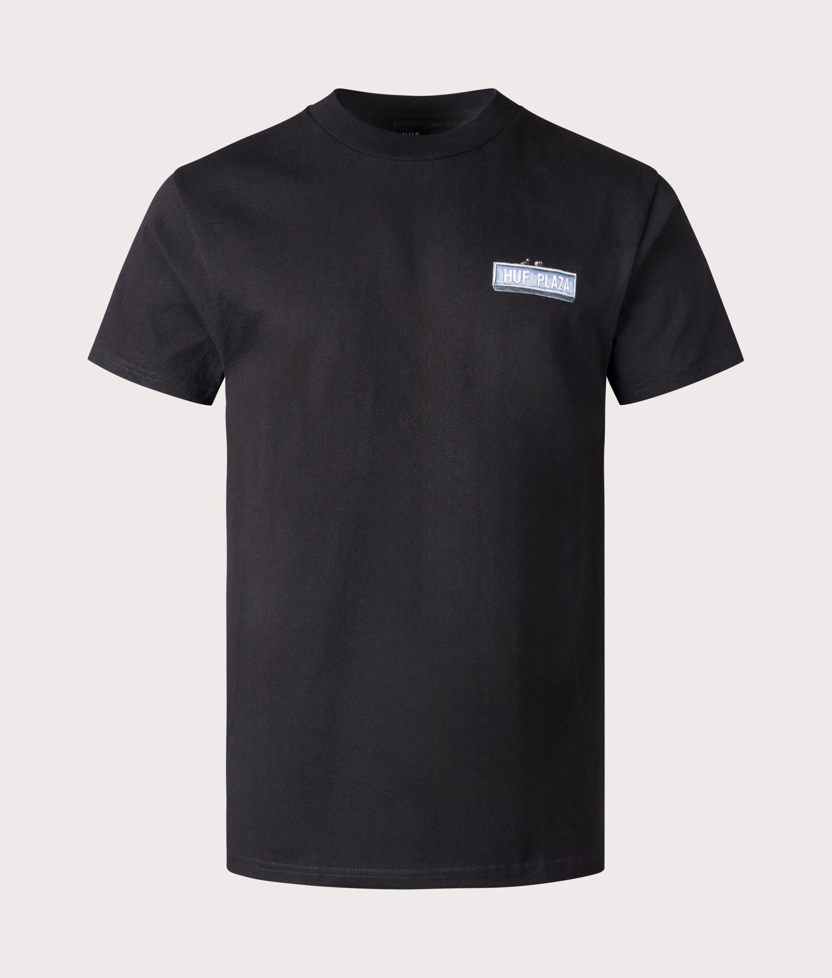 HUF Plaza T-Shirt in Black. Shot at EQVVS. Front shot 