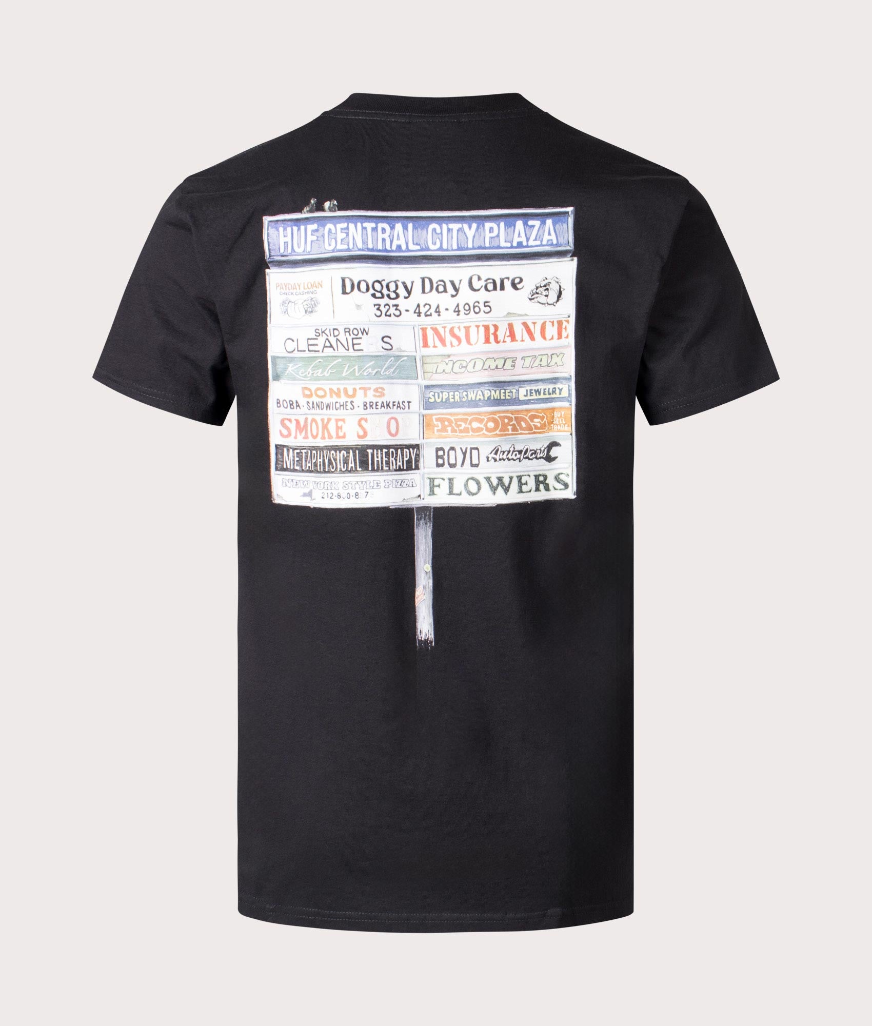 HUF Plaza T-Shirt in Black. Shot at EQVVS. Back shot 