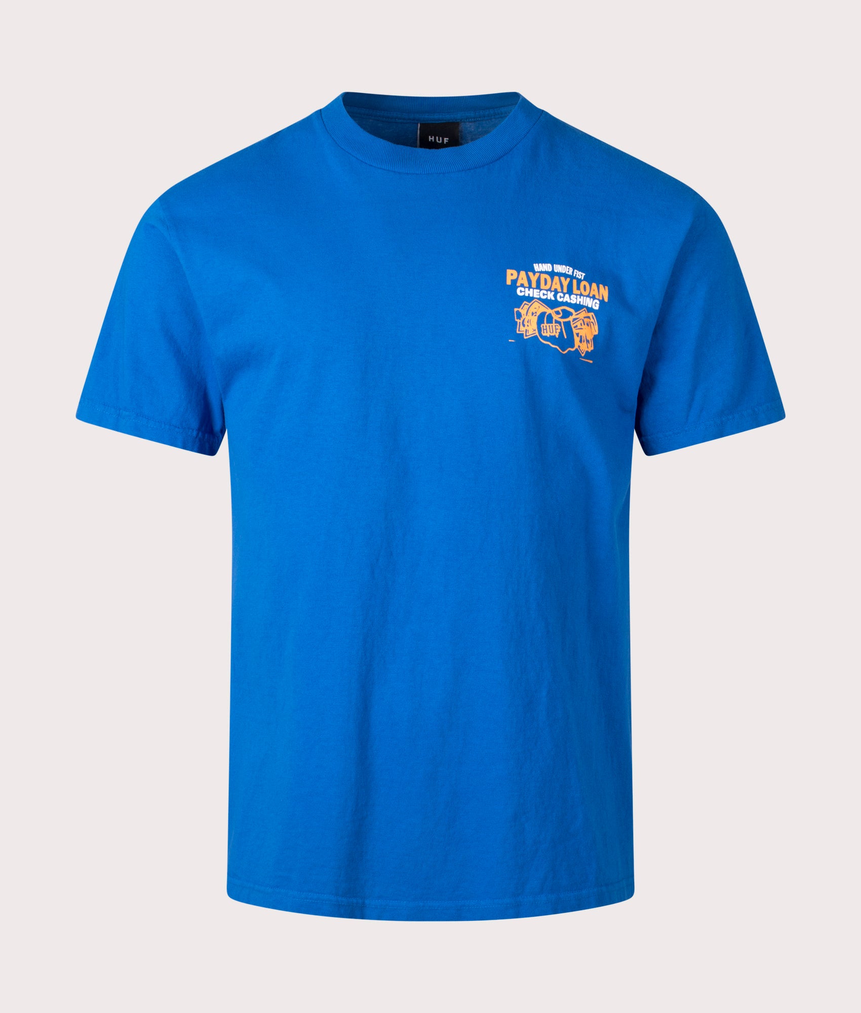 HUF Pay Day T-Shirt in Cobalt Blue . Shot at EQVVS. Front shot 
