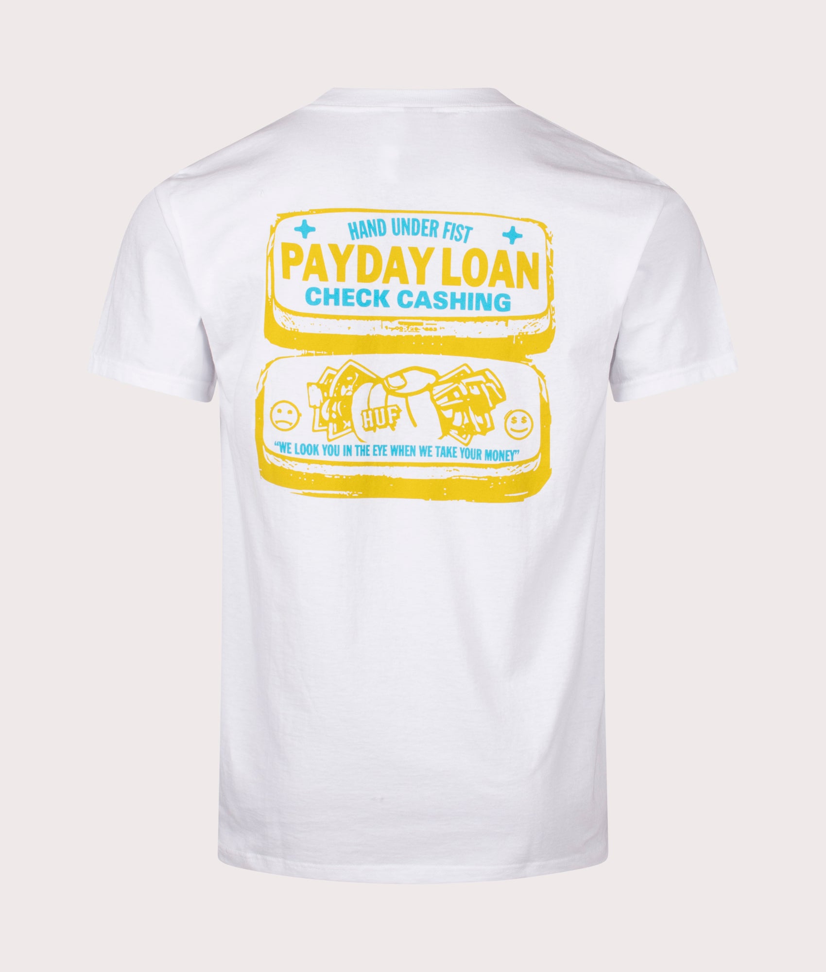 HUF Pay Day T-Shirt in White . Shot at EQVVS.  Back shot 