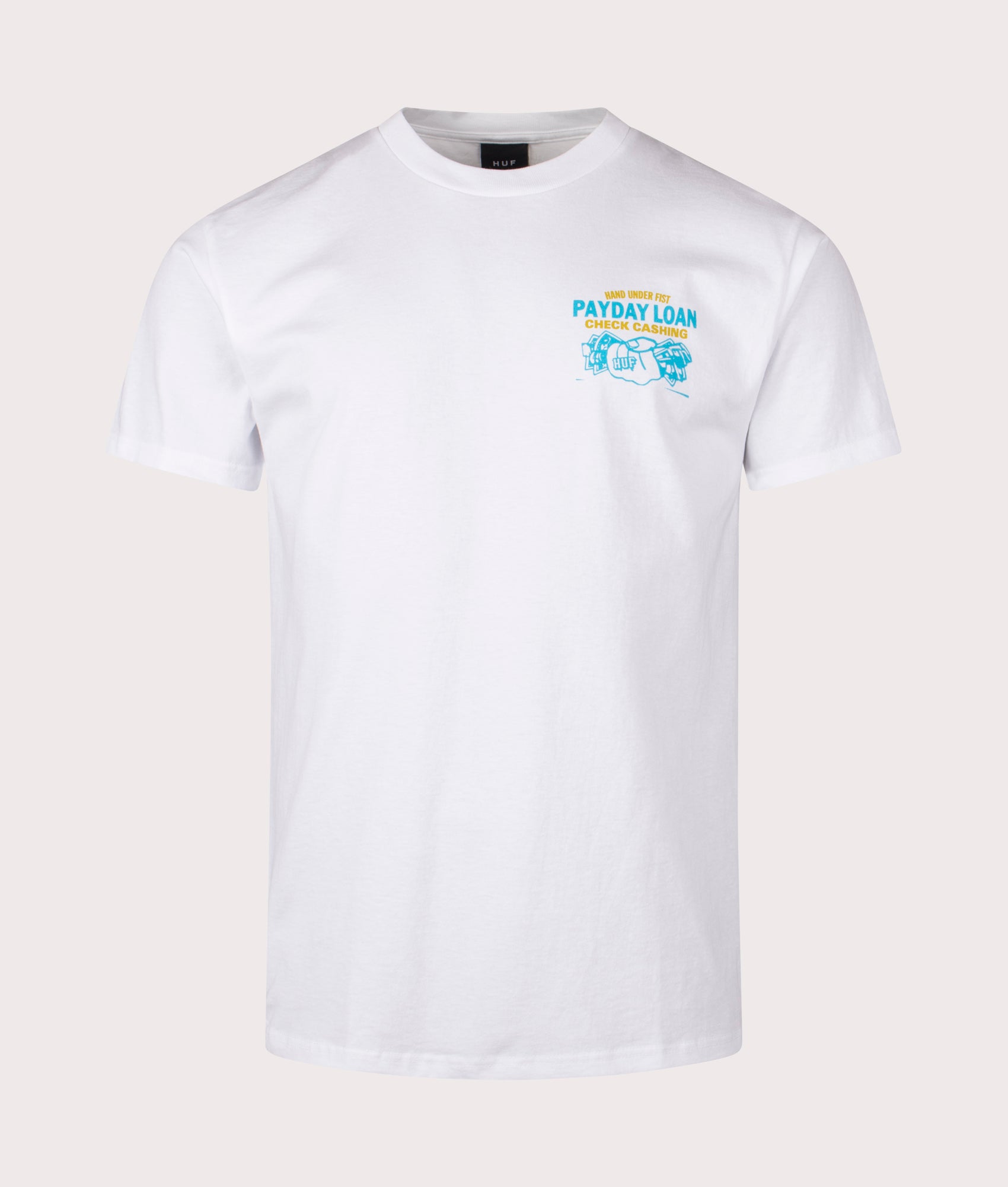 HUF Pay Day T-Shirt in White . Shot at EQVVS.  Front shot 