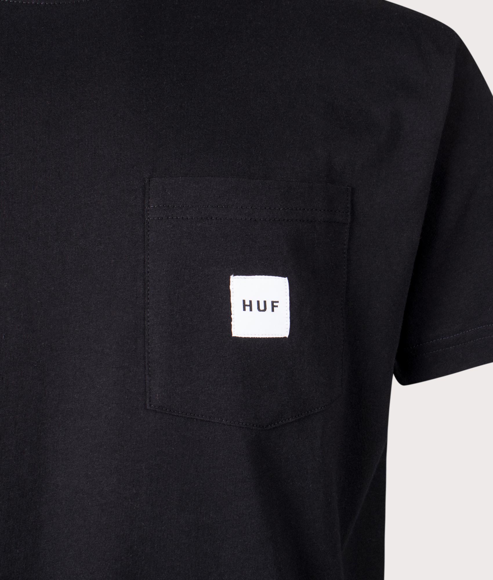 HUF Huf Set Box Logo Pocket T-Shirt in Black. Shot at EQVVS. Front logo shot