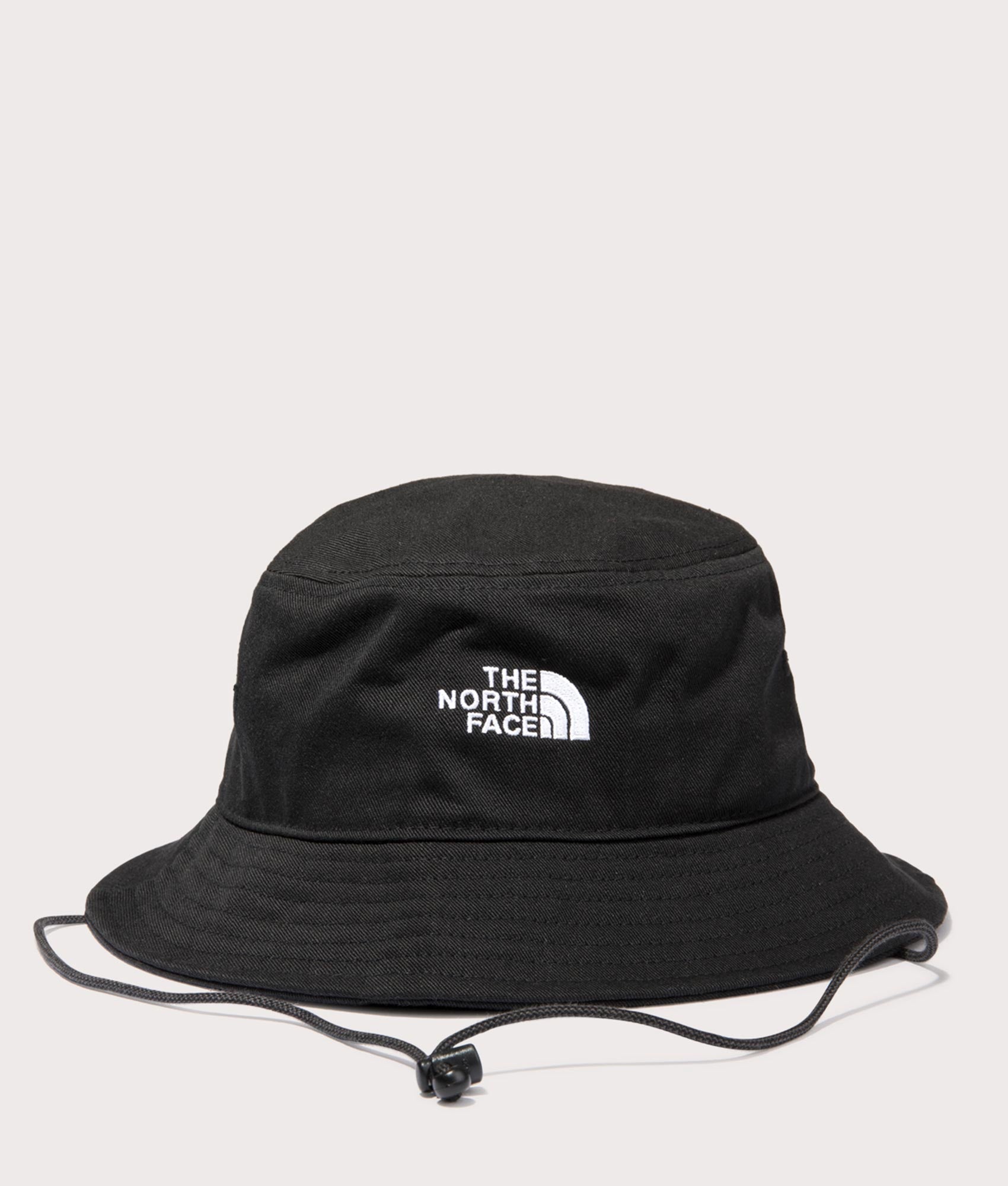 The North Face Norm Bucket Hat in Black at EQVVS. Front Cord Shot.
