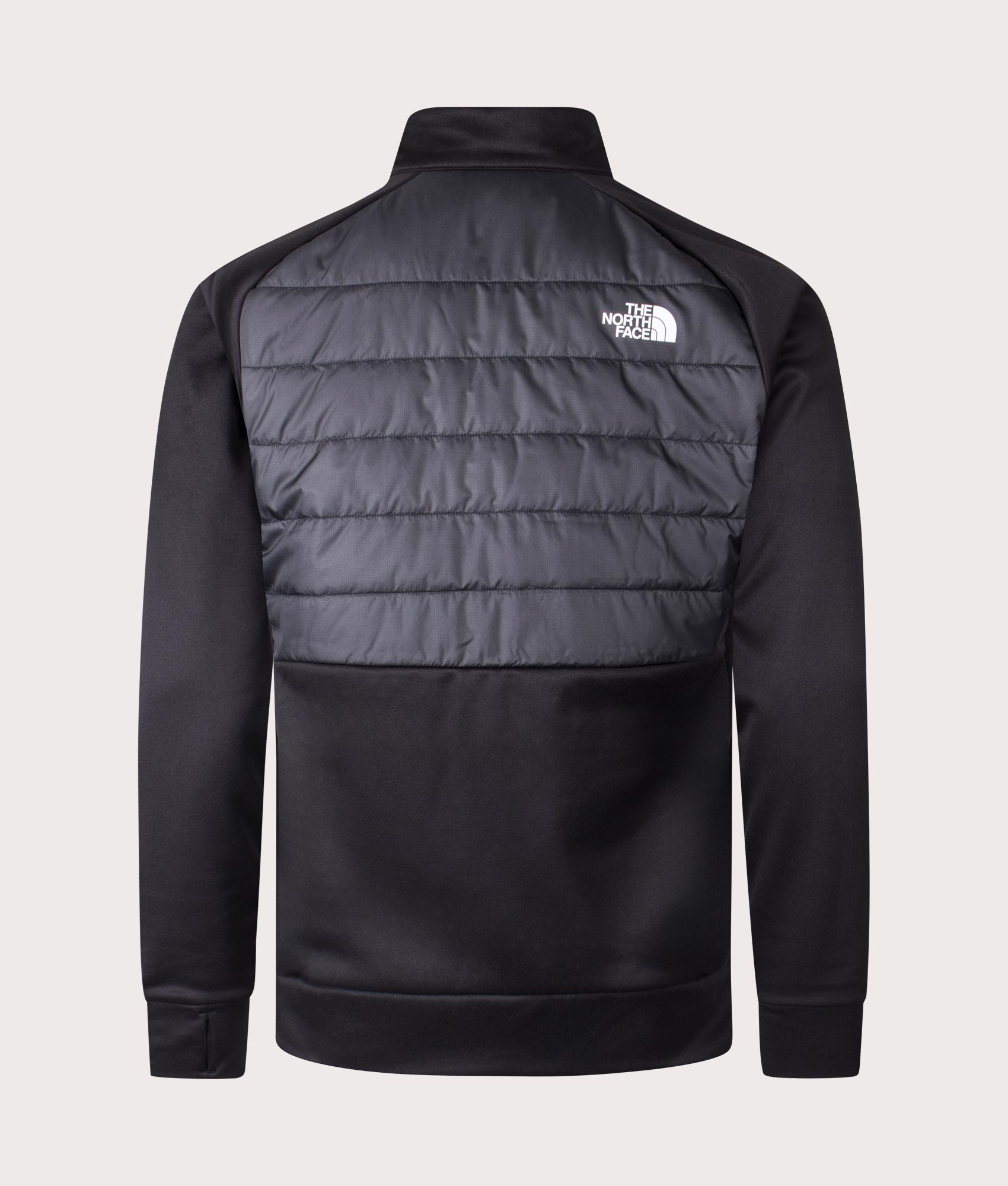 The North Reaxion Hybrid Jacket in Black and Asphalt Grey at EQVVS. Back Shot.