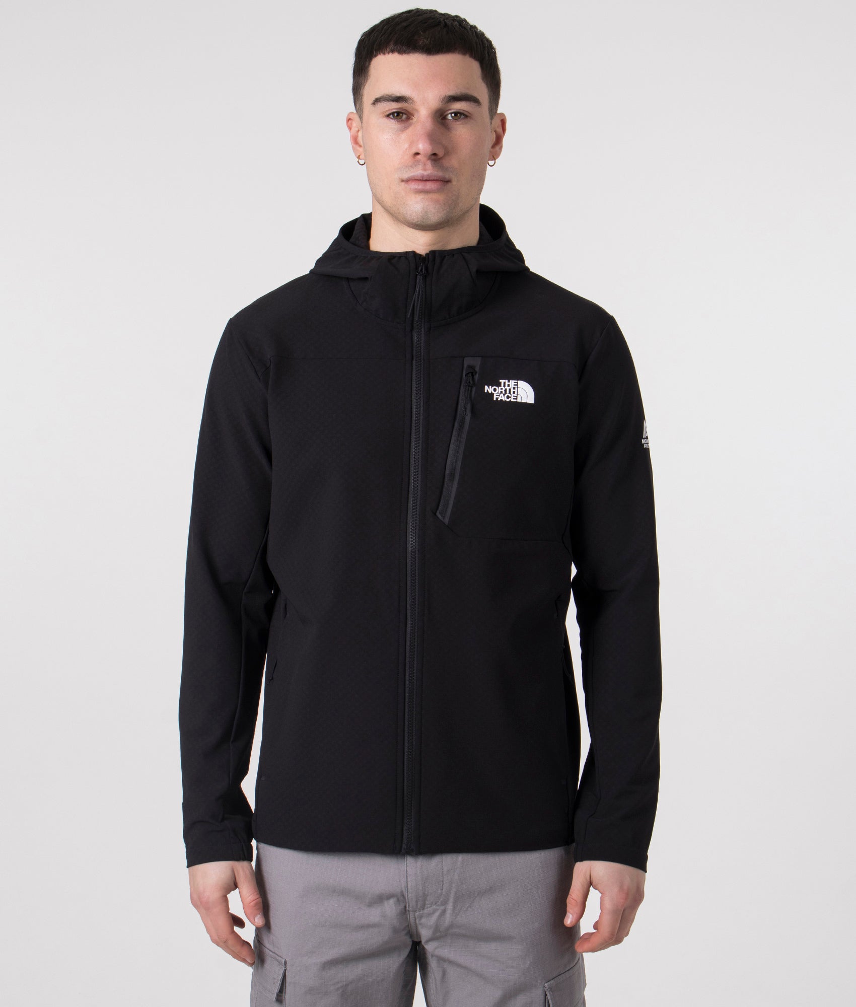 The North Face Softshell Jacket in Black. Shot at EQVVS.  Front shot model.