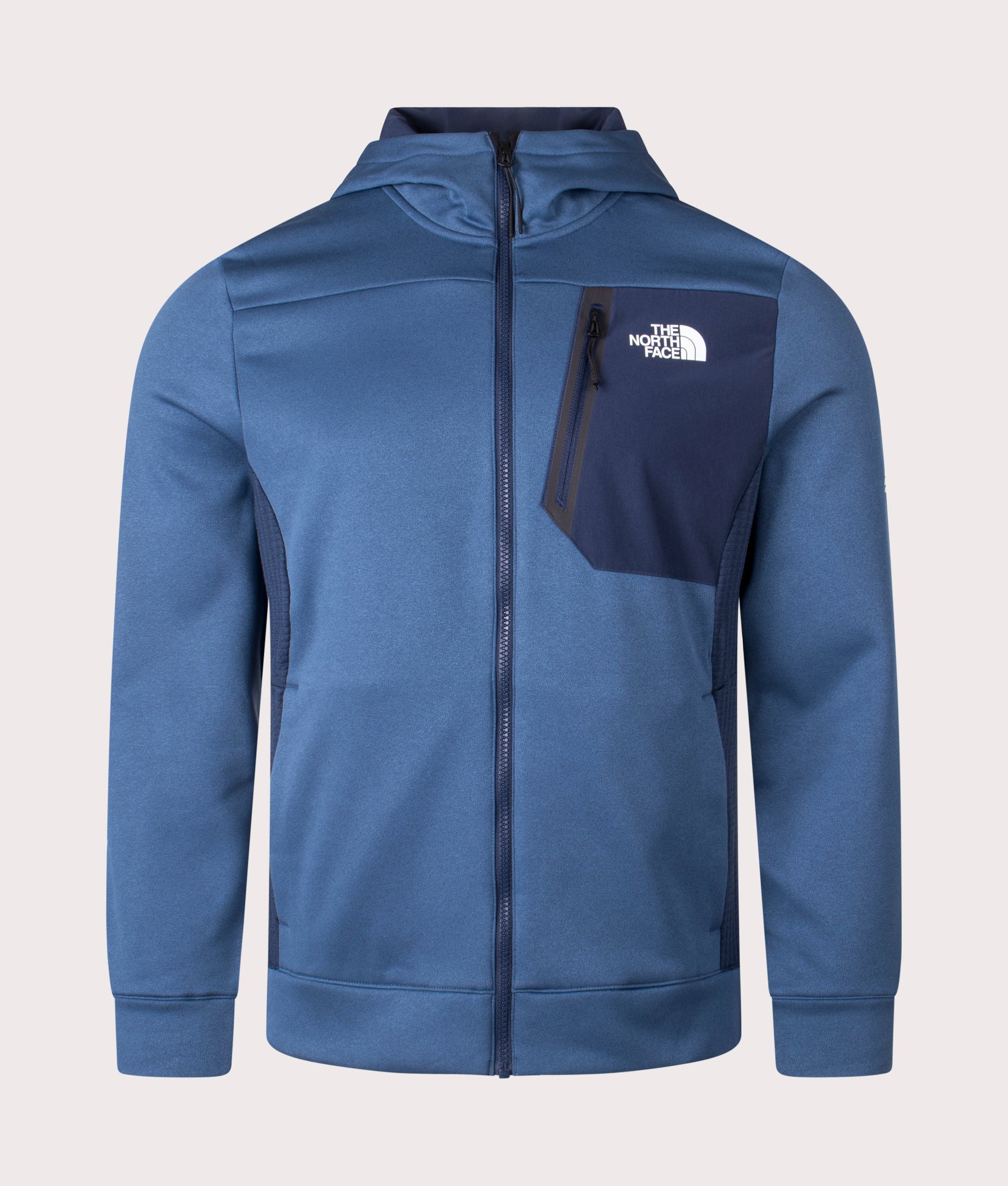 The North Face Mountain Athletic Full Zip Fleece Hoodie in Shady Blue at EQVVS. Front Shot.