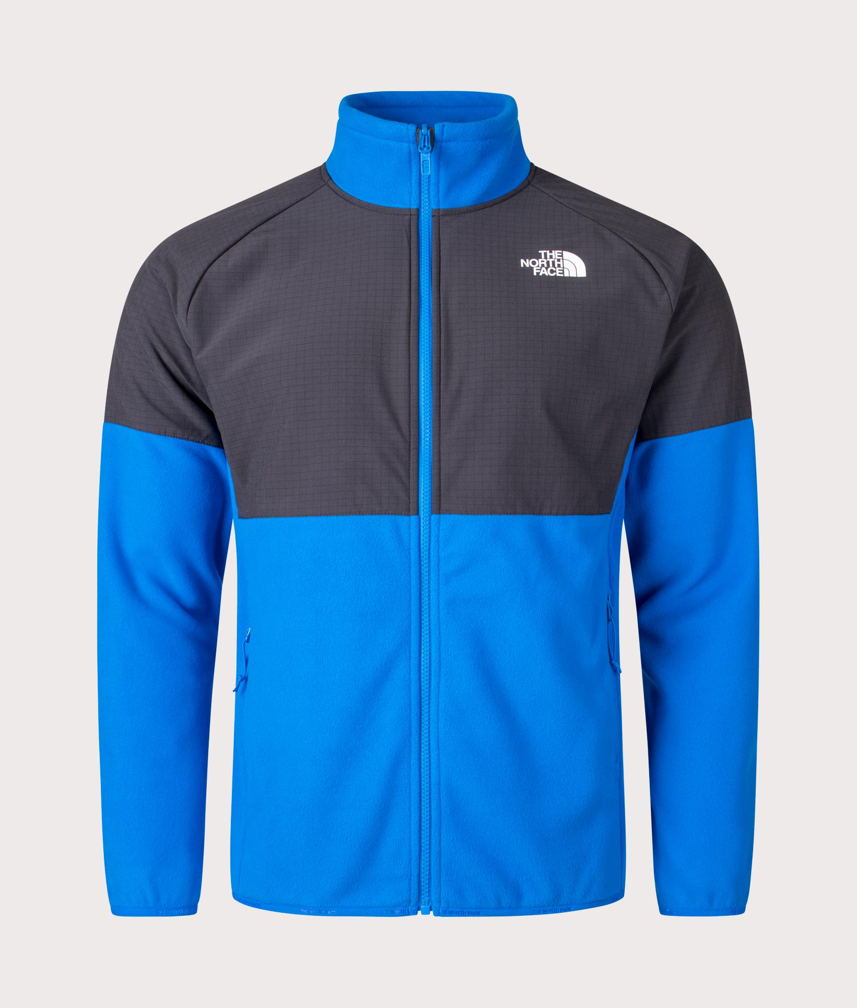 The North Face Glacier Heavyweight Zip Through Fleece in Hero Blue and Asphalt Grey at EQVVS Front Shot.