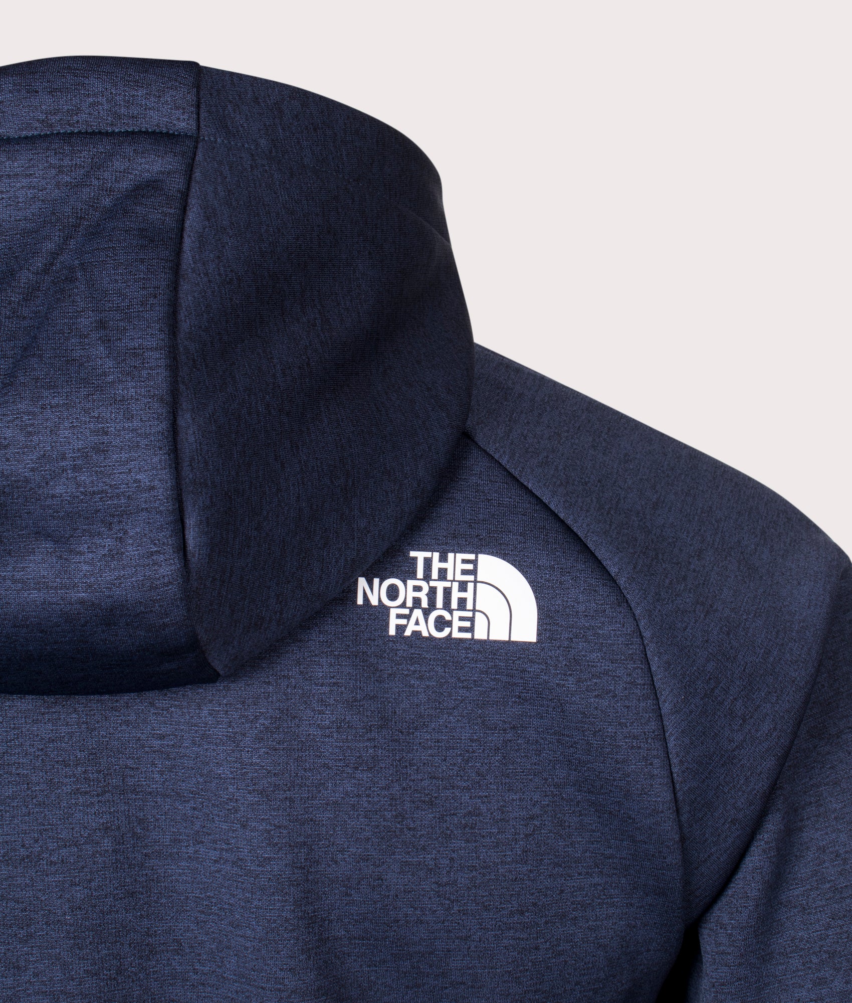 The North Face Reaxion Fleece Zip Through Hoodie in Summit Navy Dark Heather. EQVVS Back detail Shot.