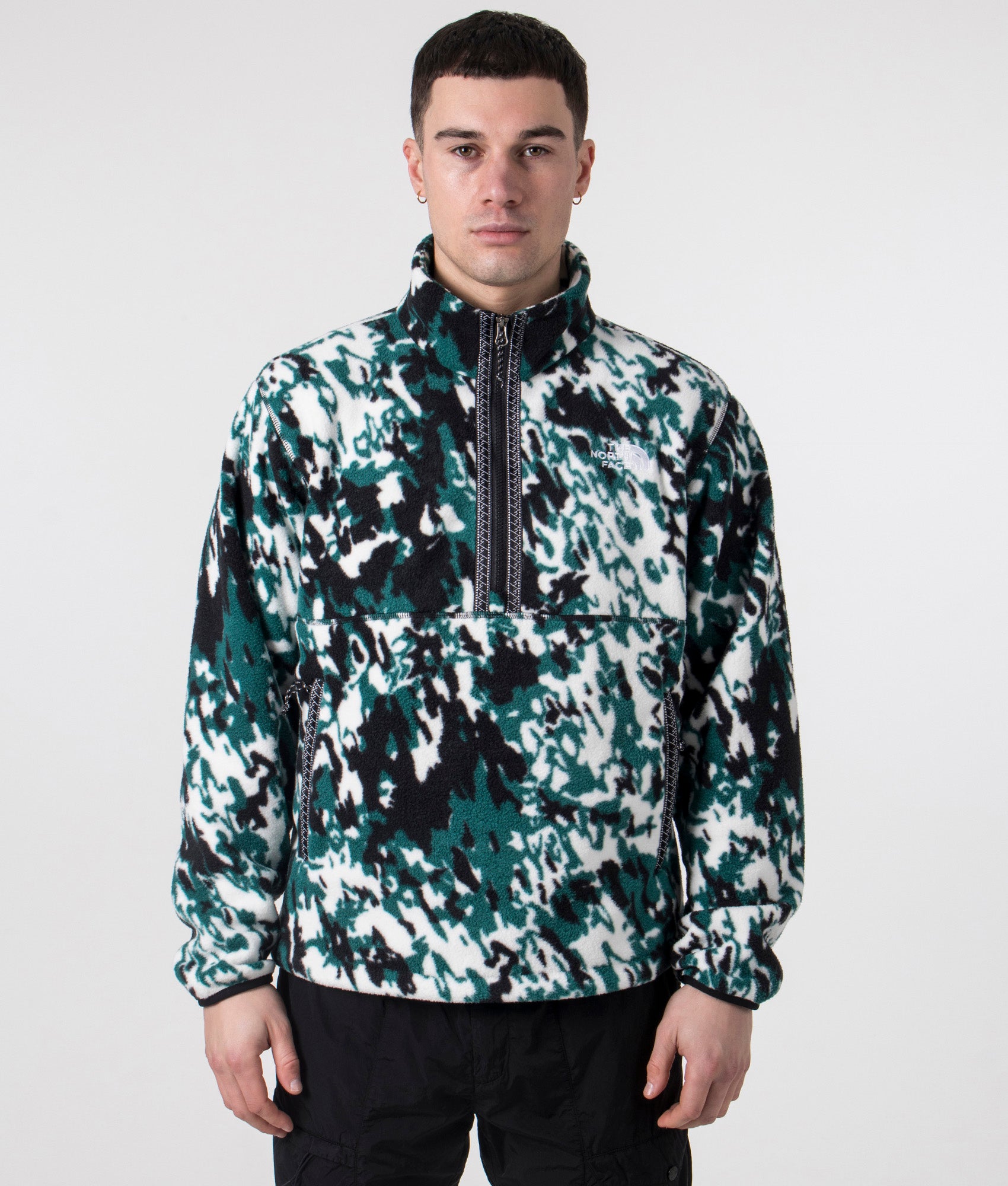 The North Face TNF Quarter Zip Fleeski in Deep Nori Trail Grid. Shot at EQVVS. Front model shot. 