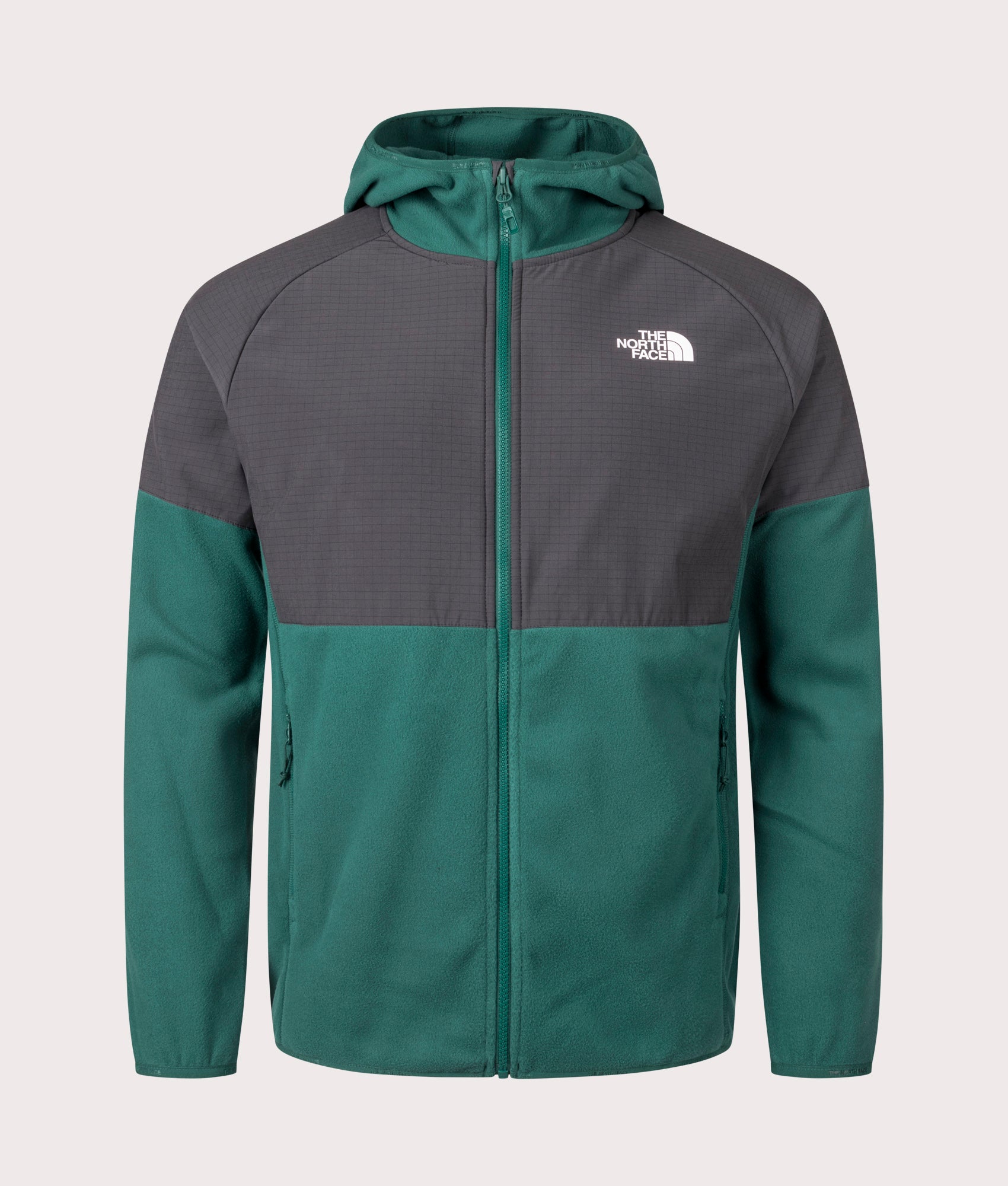 The North Face Glacier Heavyweight Zip Through Hoodie in Deep Nori Green and Asphalt Grey. EQVVS Front Shot.