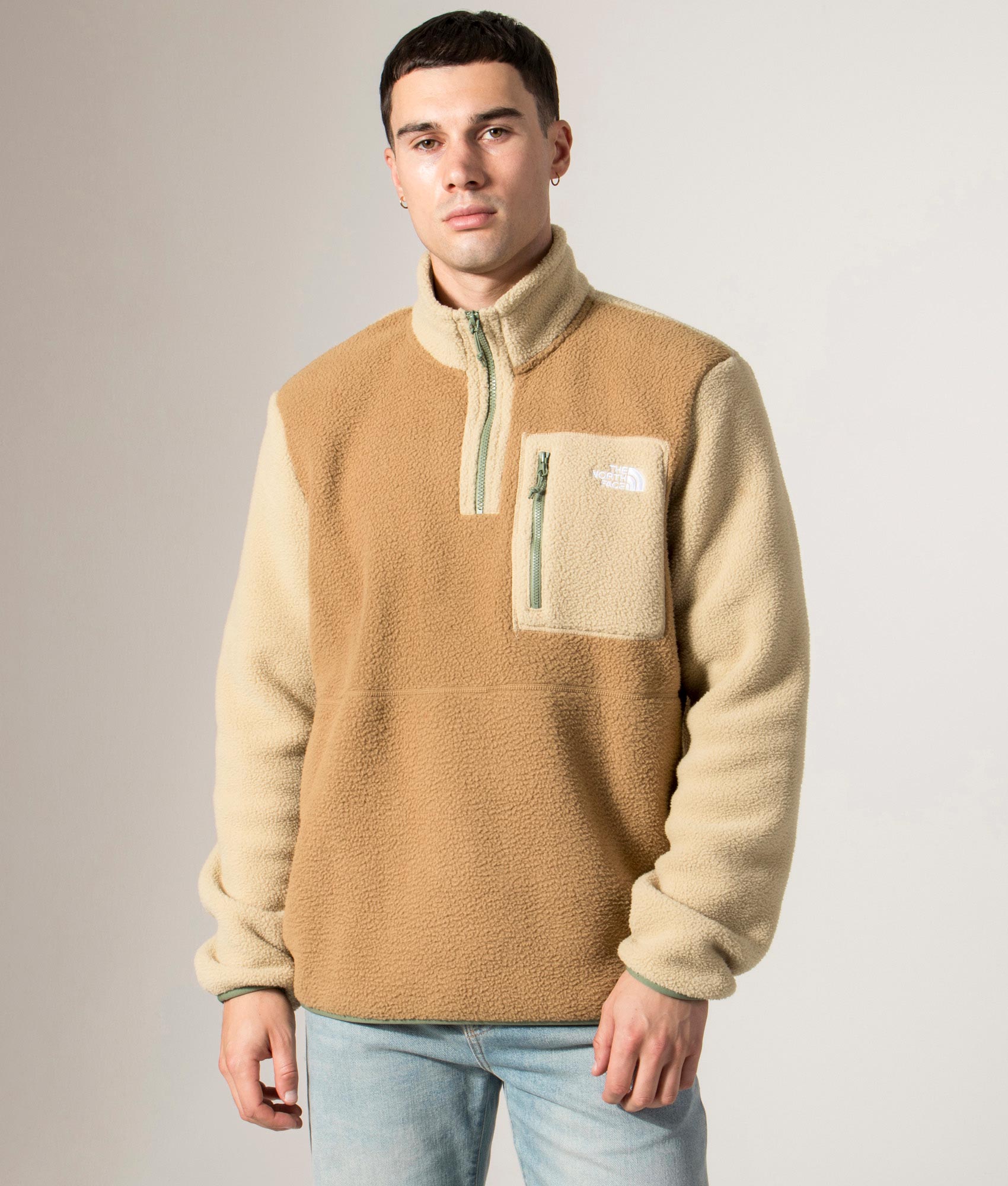 Yumiori Quarter Zip Sweatshirt in Utility Brown/Khaki Stone/Bark Mist | The North Face | Shot at EQVVS | Front model shot 