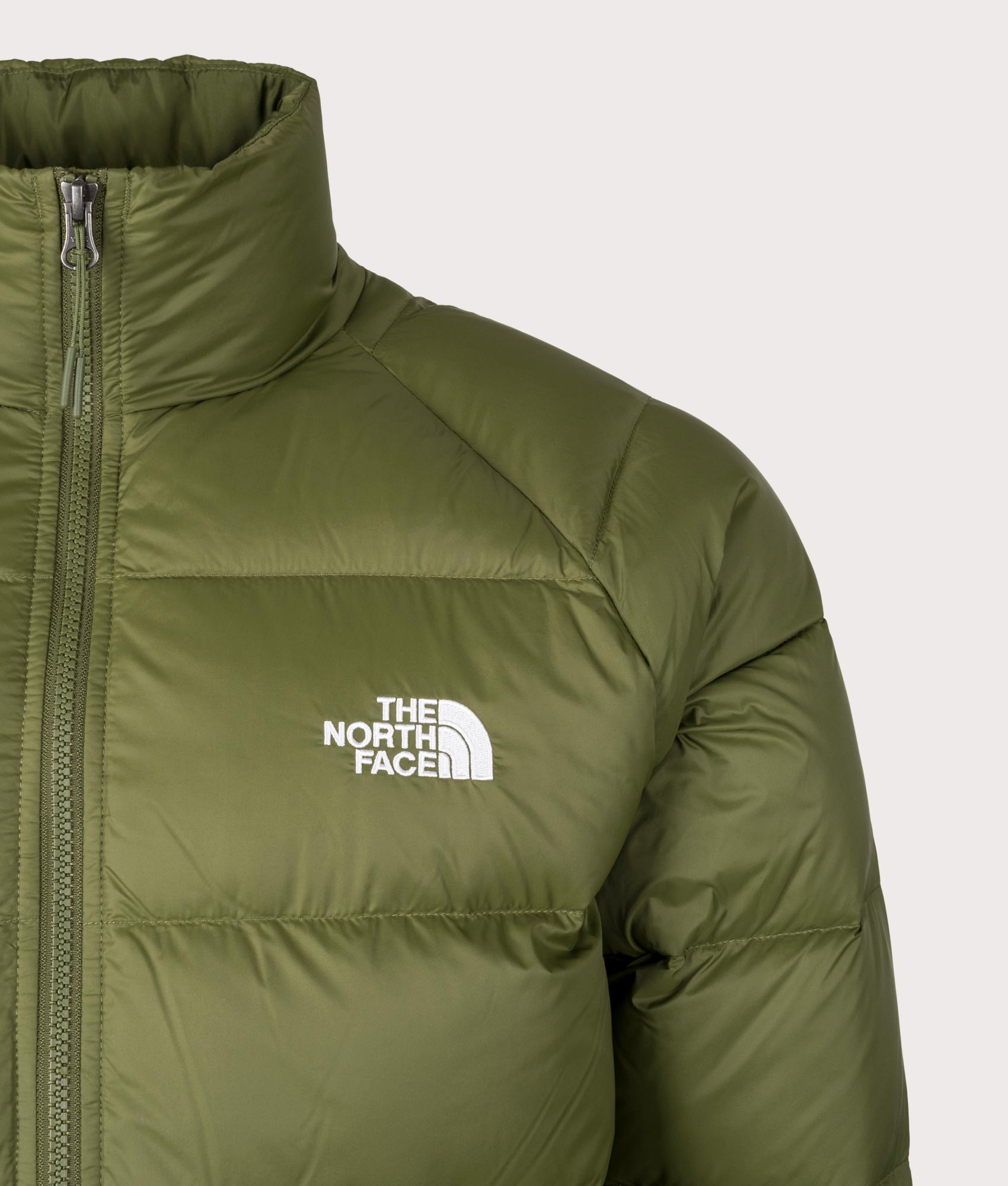 Hydrenalite Hooded Down Jacket in Woodland Green | The North Face | EQVVS | Front detail shot 