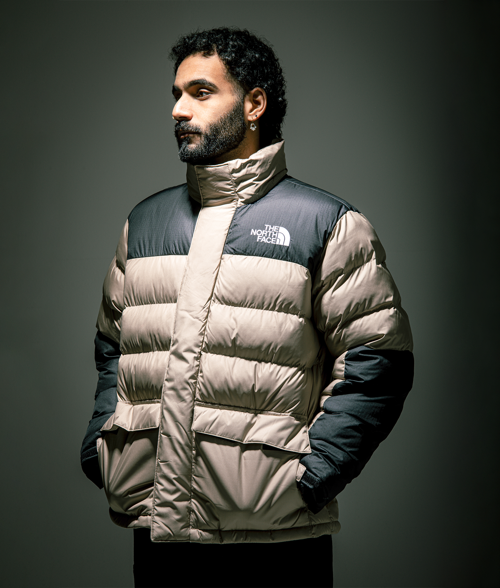 The North Face Limbara Insulated Jacket in Mushroom Grey at EQVVS Menswear. Campaign shot.