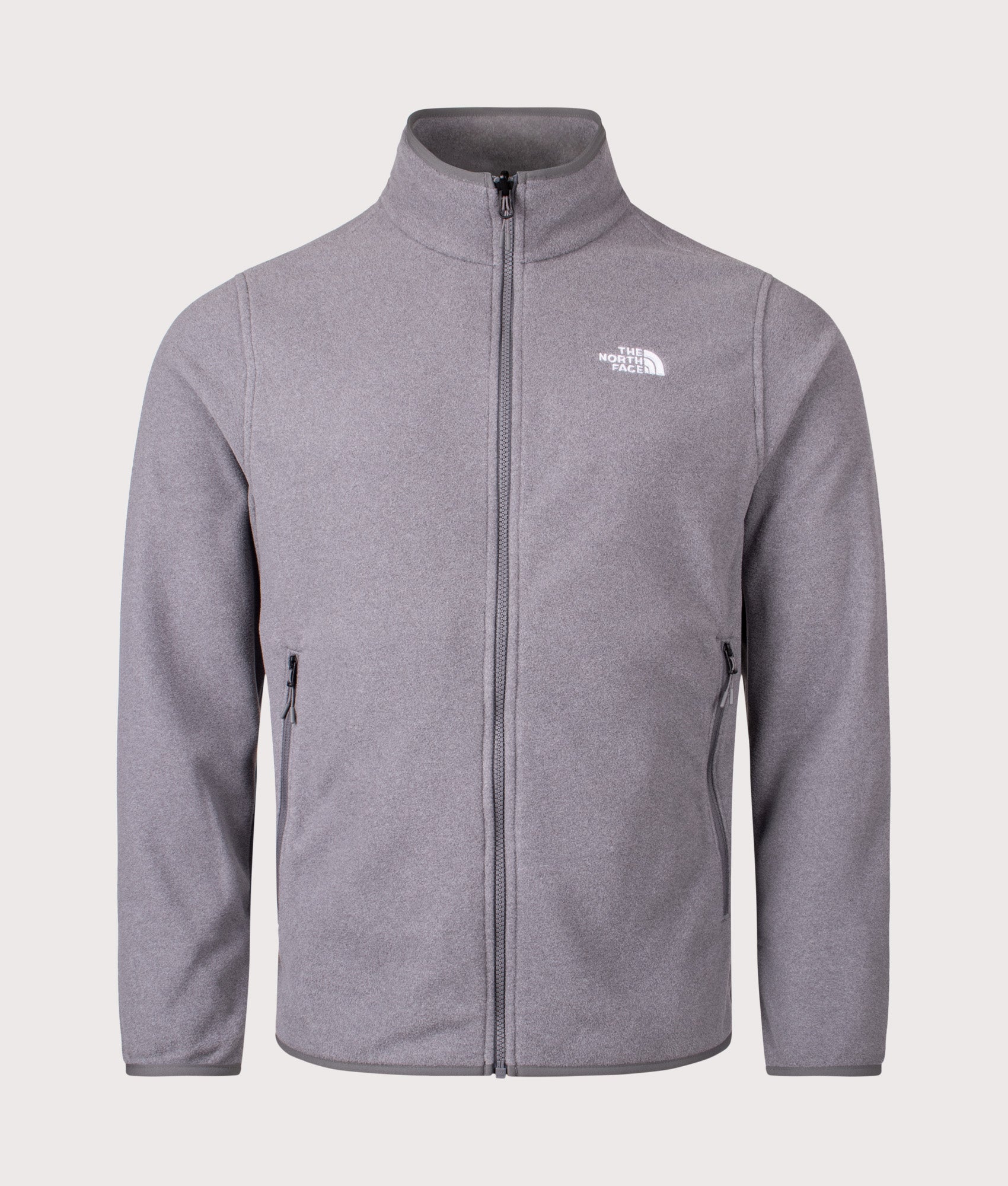 The North Face Glacier Zip Through Fleece in TNF Mid Grey Heather at EQVVS Menswear. Front shot.
