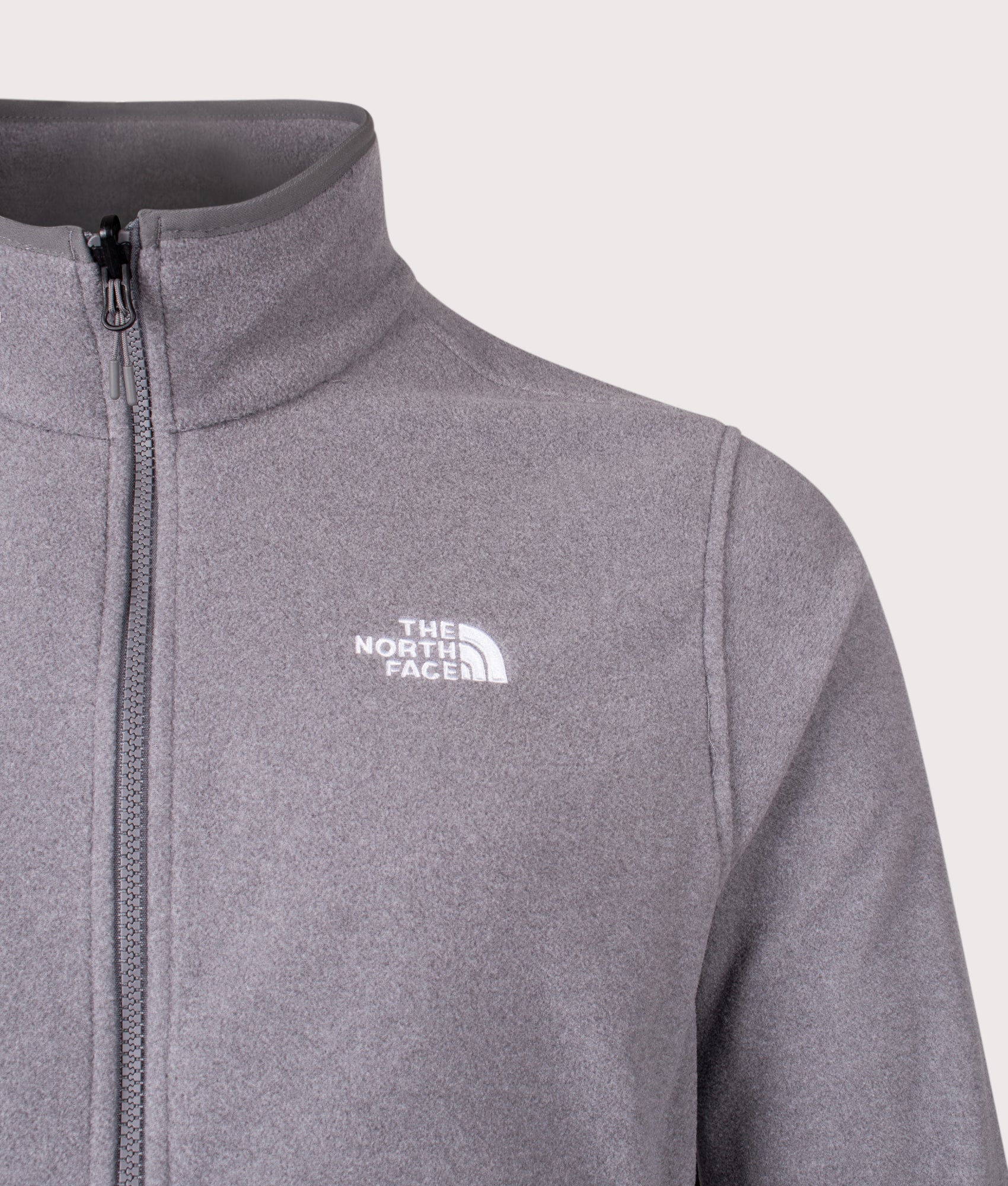 The North Face Glacier Zip Through Fleece in TNF Mid Grey Heather at EQVVS Menswear. Detail shot.