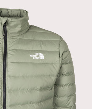  The North Face Classic Down Jacket in Bark Mist at EQVVS Menswear. Front detail shot.