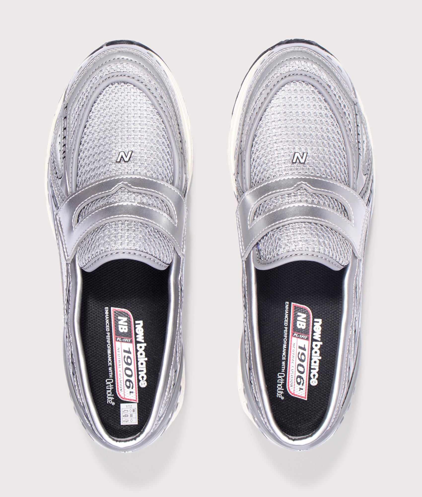 New Balance 1906L Loafers in Silver/Shadow Grey/Turtledove at EQVVS Menswear. Top shot.