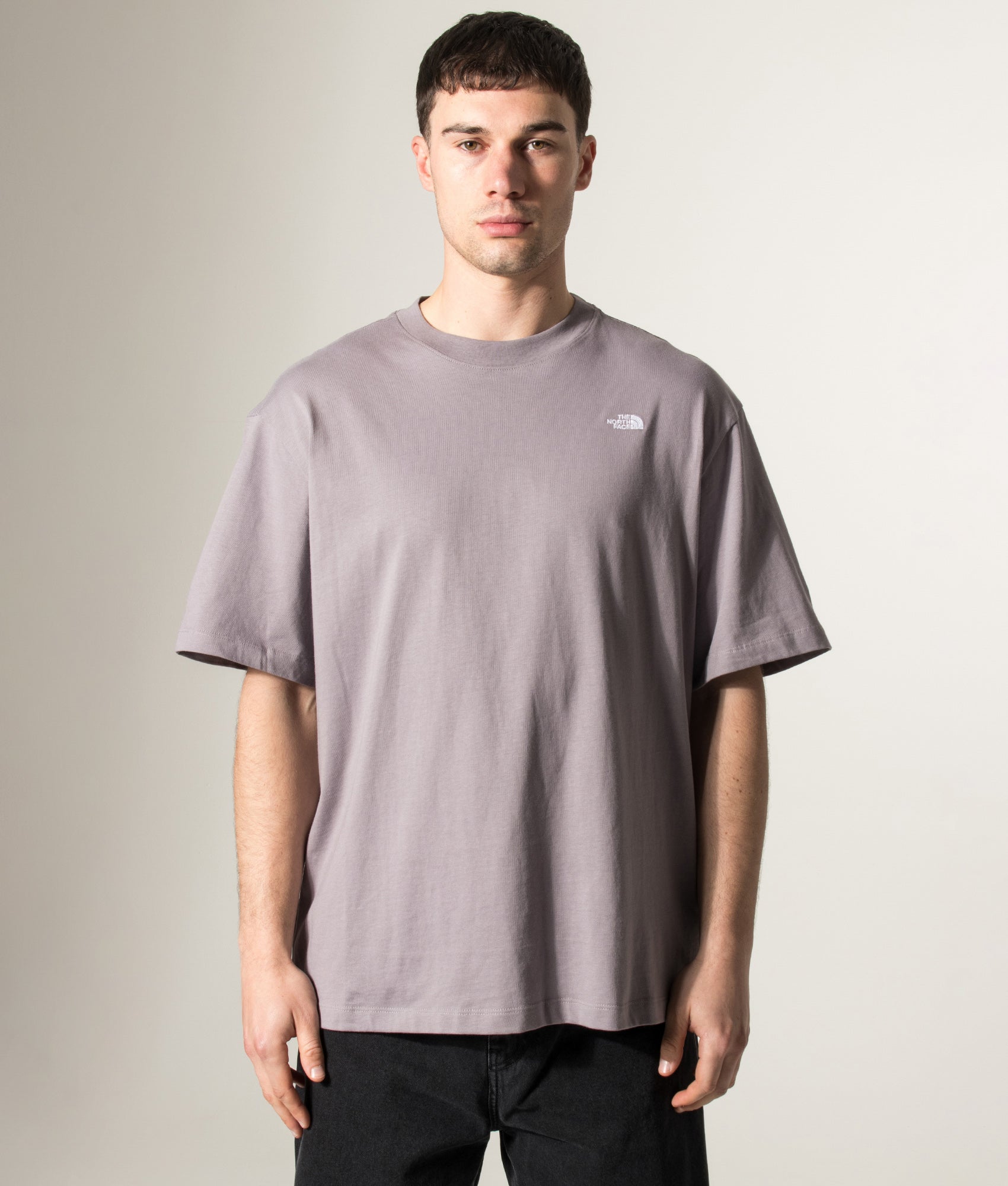 The North Face Essential Simple Dome T-Shirt in Transcendent Grey at EQVVS Menswear. Model front shot.