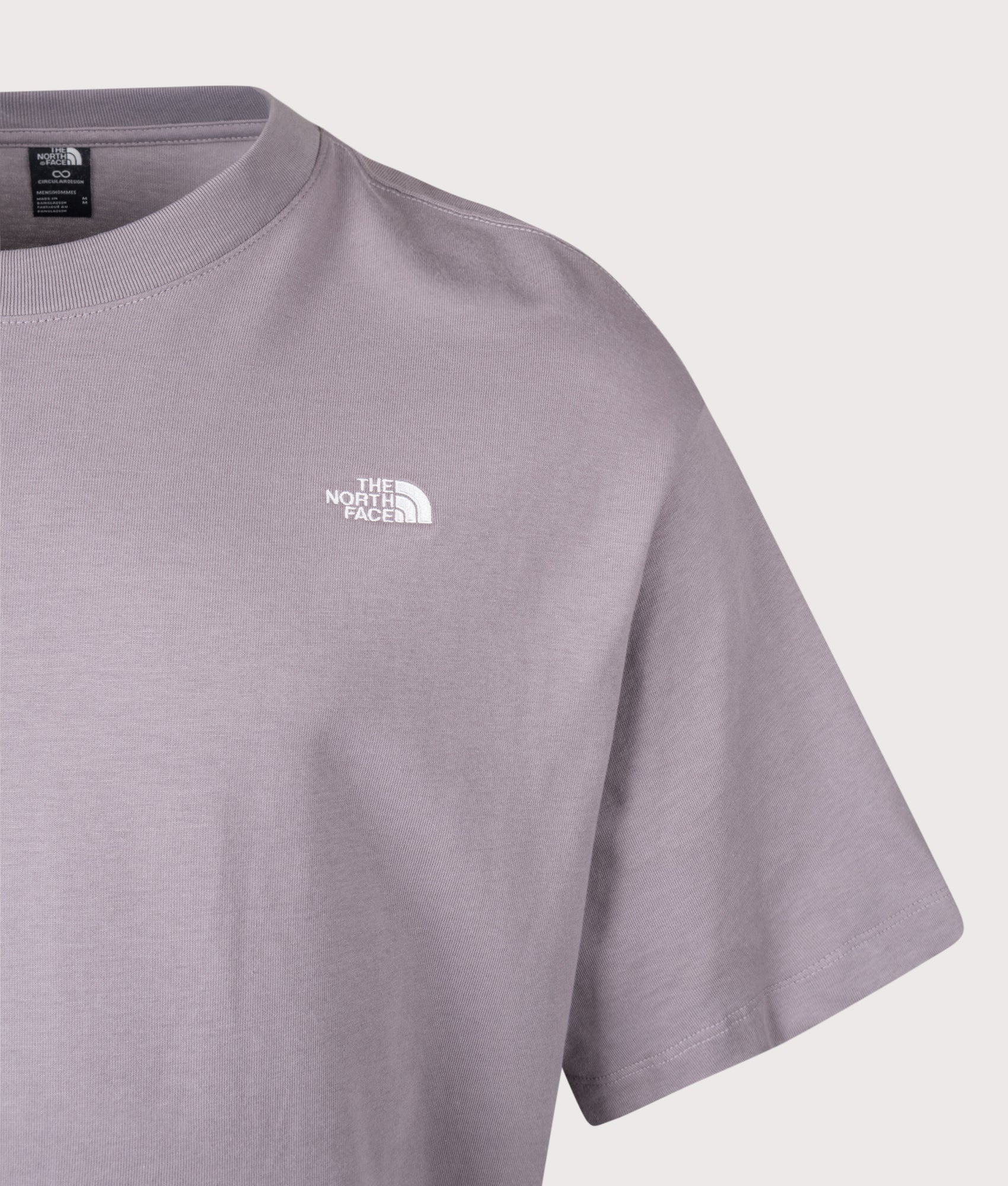 The North Face Essential Simple Dome T-Shirt in Transcendent Grey at EQVVS Menswear. Detail shot.