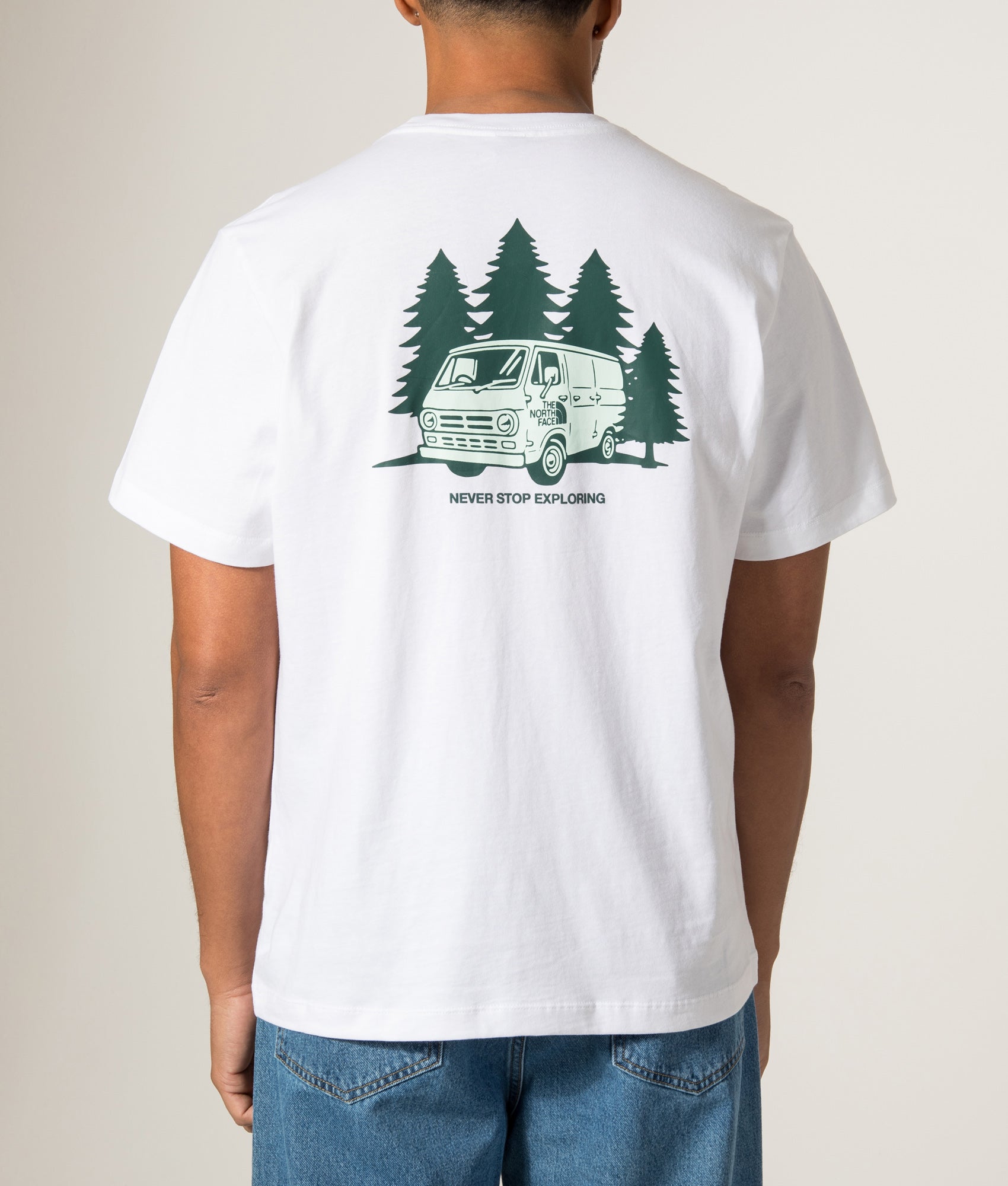 The North Face Relaxed Fit Van Life T-Shirt in TNF White at EQVVS Menswear.  Model back shot.