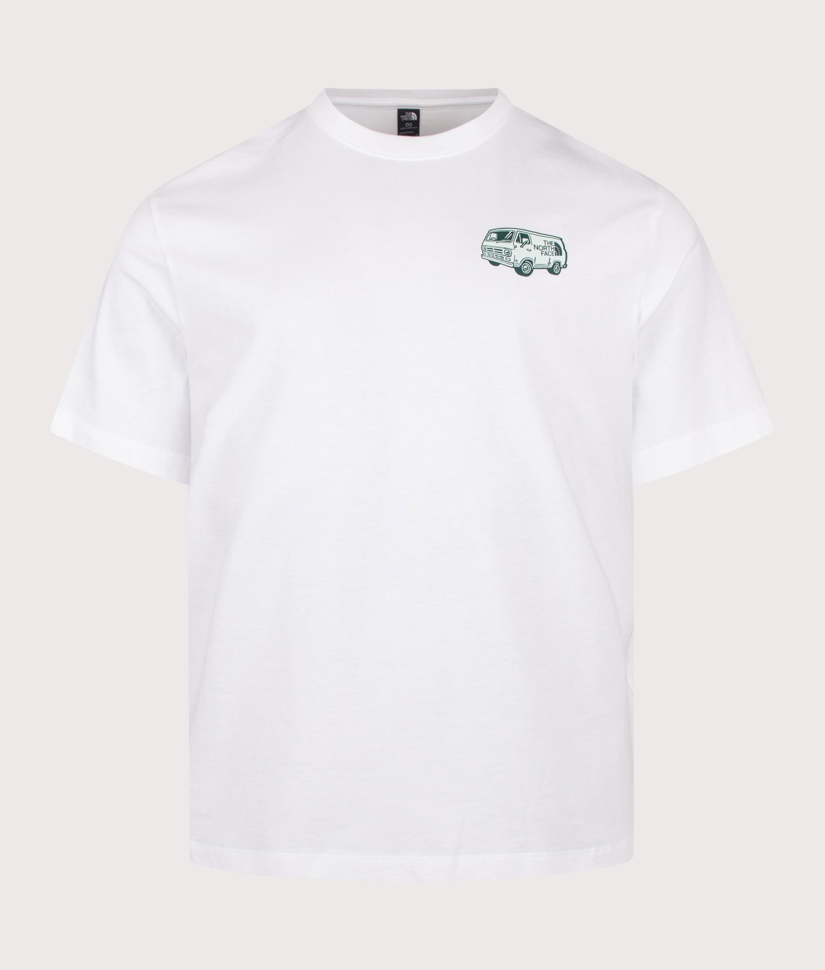 The North Face Relaxed Fit Van Life T-Shirt in TNF White at EQVVS Menswear. Front shot.