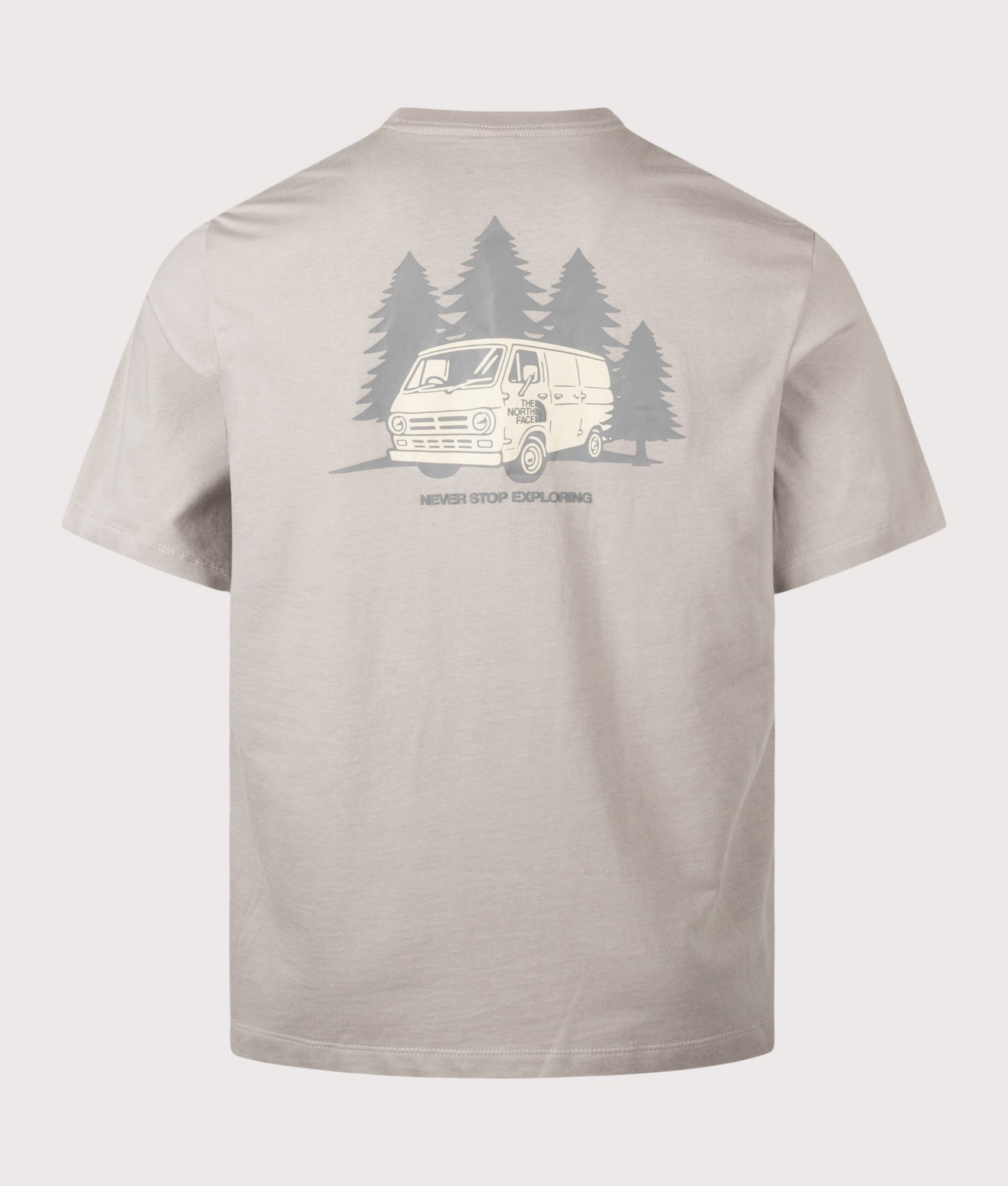 The North Face Relaxed Fit Van Life T-Shirt in Stone Slab at EQVVS Menswear.  Back shot.