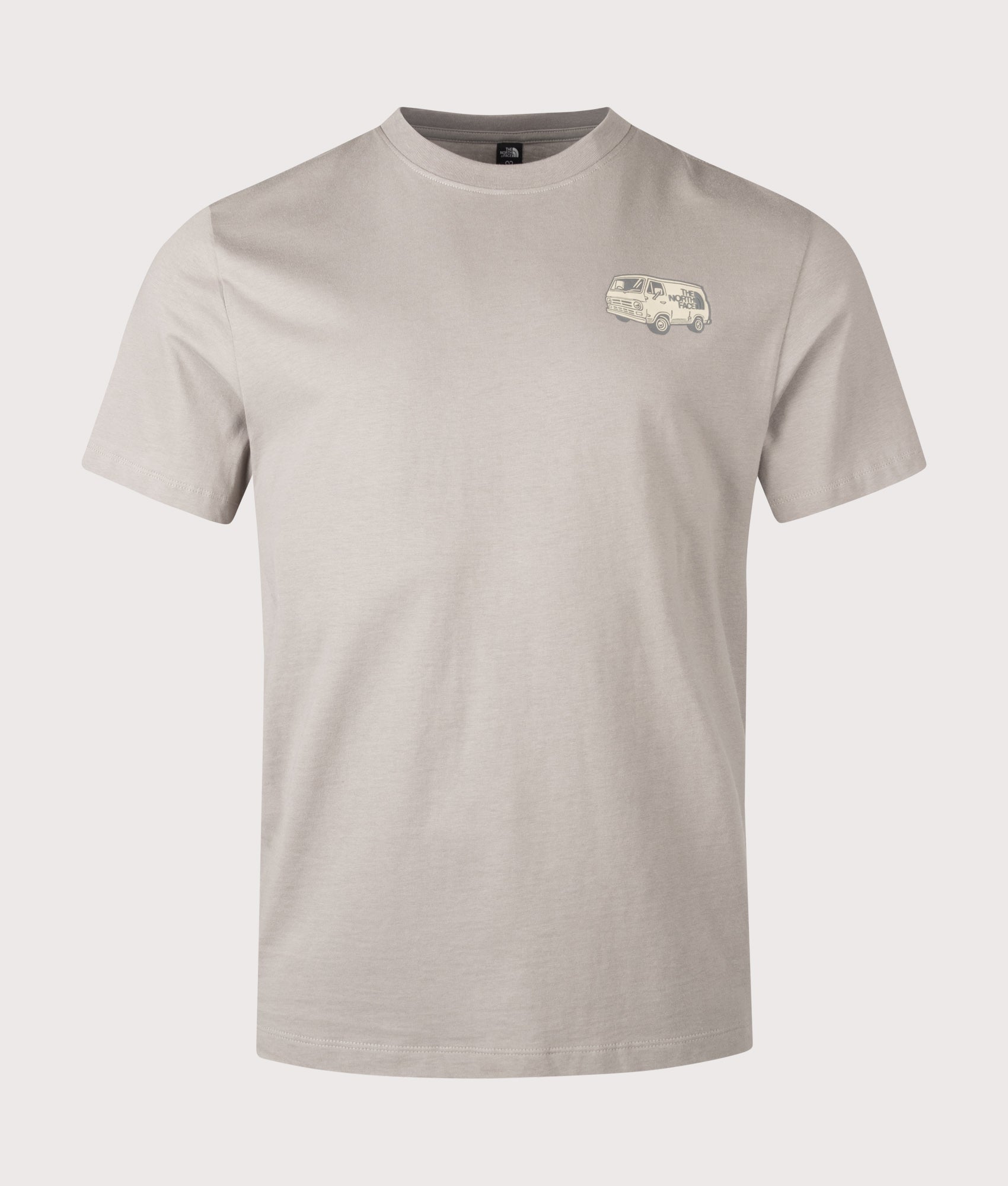 The North Face Relaxed Fit Van Life T-Shirt in Stone Slab at EQVVS Menswear. Front shot.