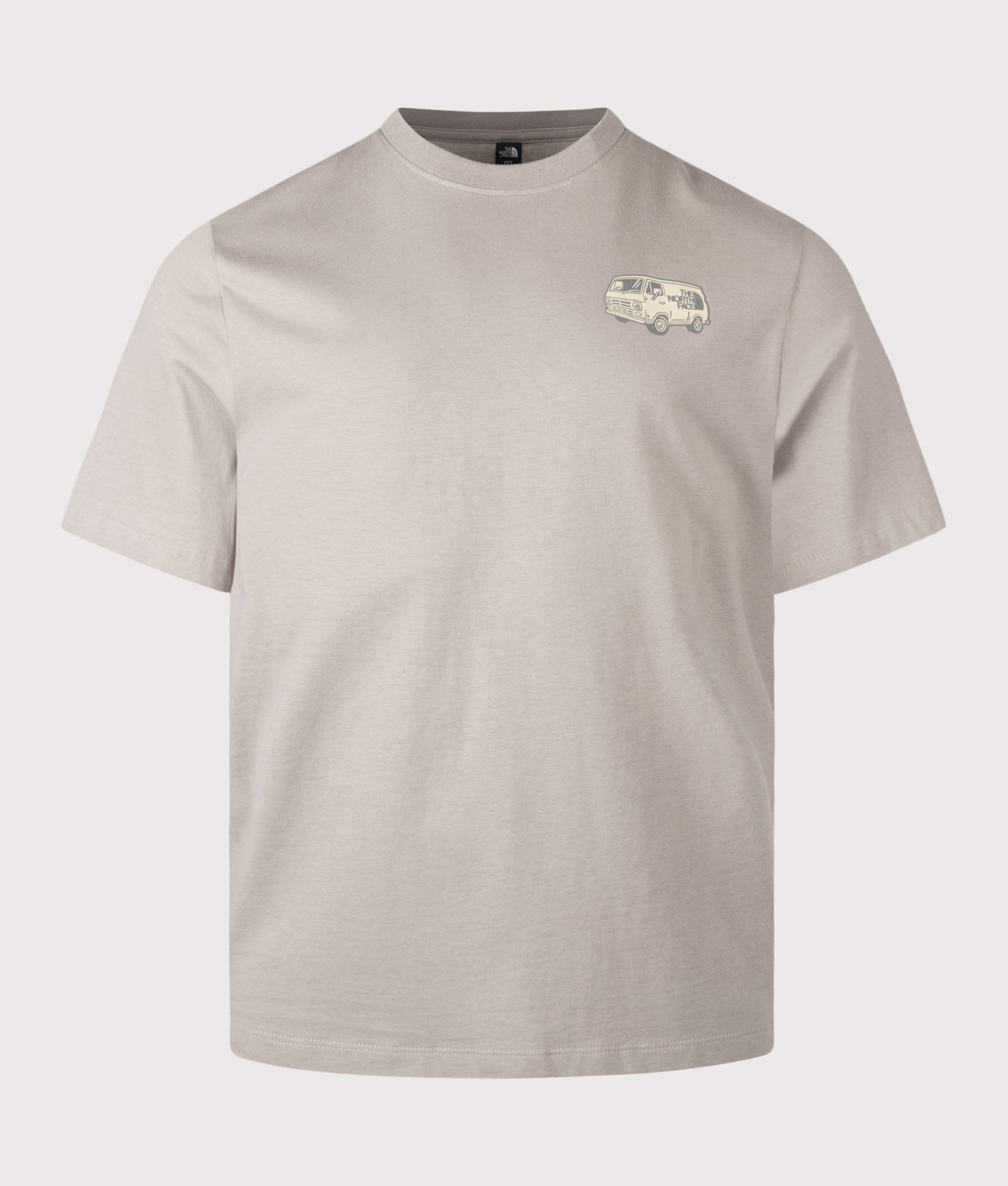 The North Face Relaxed Fit Van Life T-Shirt in Stone Slab at EQVVS Menswear.  Front shot.
