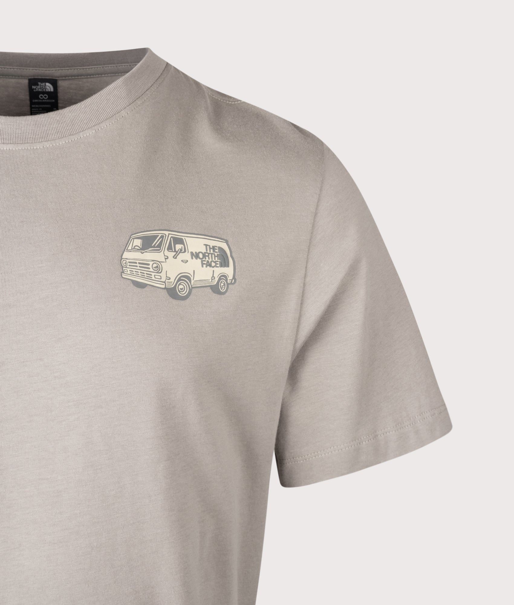 The North Face Relaxed Fit Van Life T-Shirt in Stone Slab at EQVVS Menswear. Detail shot.