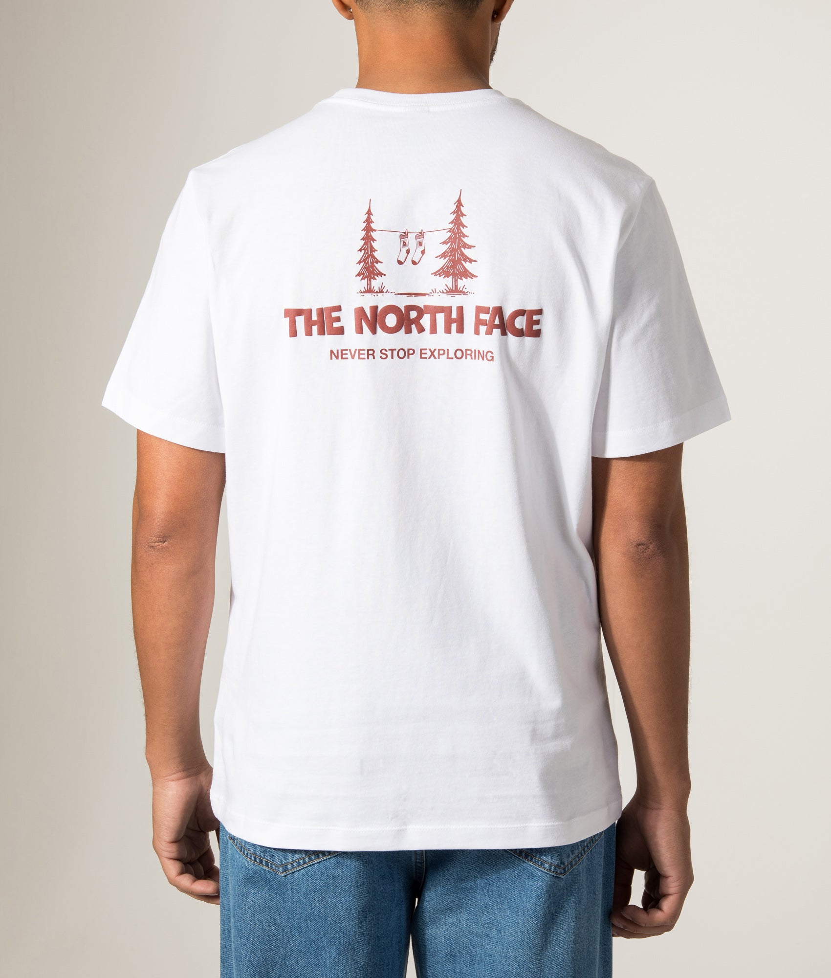 The North Face Relaxed Fit Camping T-Shirt in TNF White at EQVVS Menswear. Model back shot.