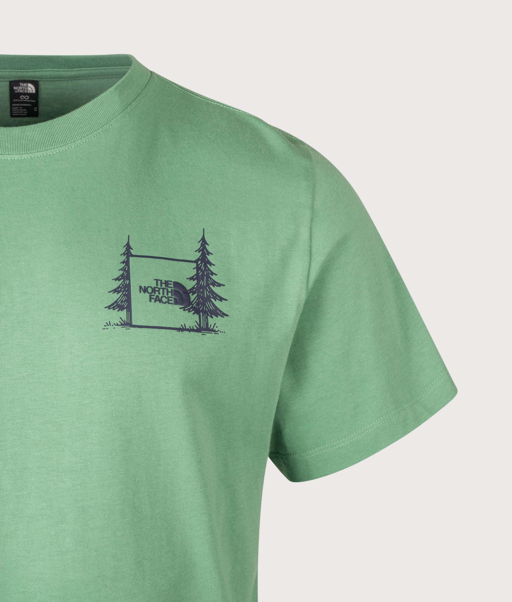 The North Face Relaxed Fit Camping T-Shirt in Dimmed Algae at EQVVS Menswear. Detail shot.