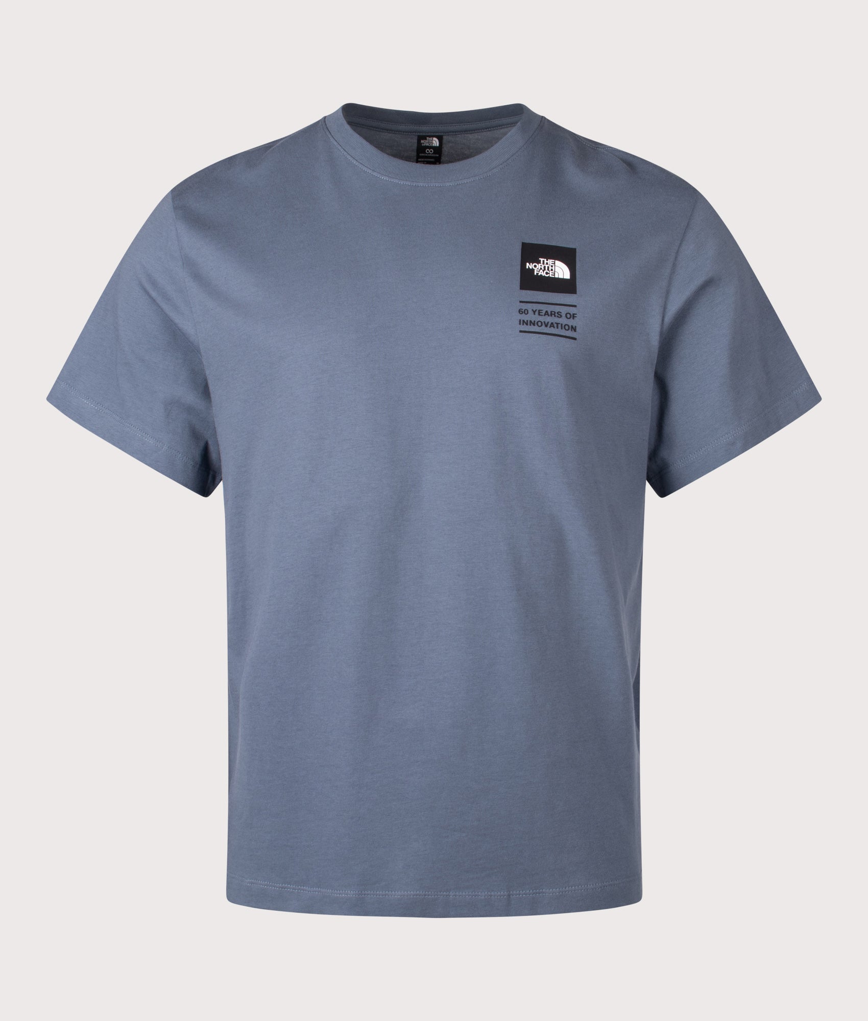 The North Face Icon Celebration T-Shirt in Granite Grey at EQVVS Menswear. Front shot.