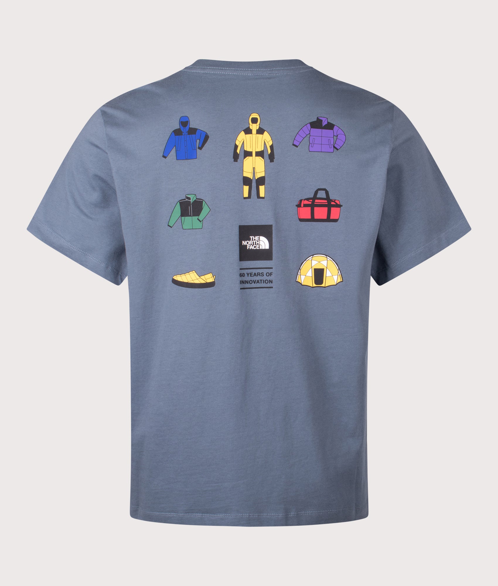 The North Face Icon Celebration T-Shirt in Granite Grey at EQVVS Menswear. Back shot.