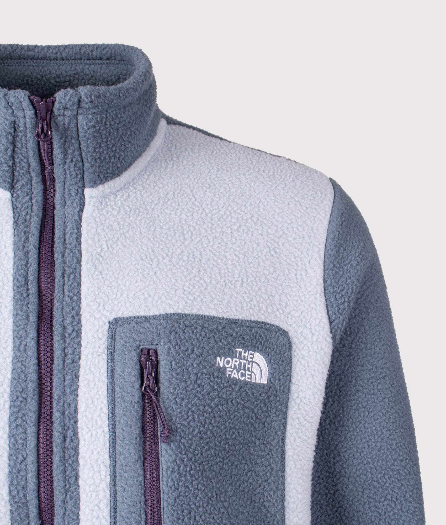 The North Face Yumiori Zip Through Fleece in Frost Grey, Granite Grey and Endless Dusk at EQVVS Menswear. Detail shot.
