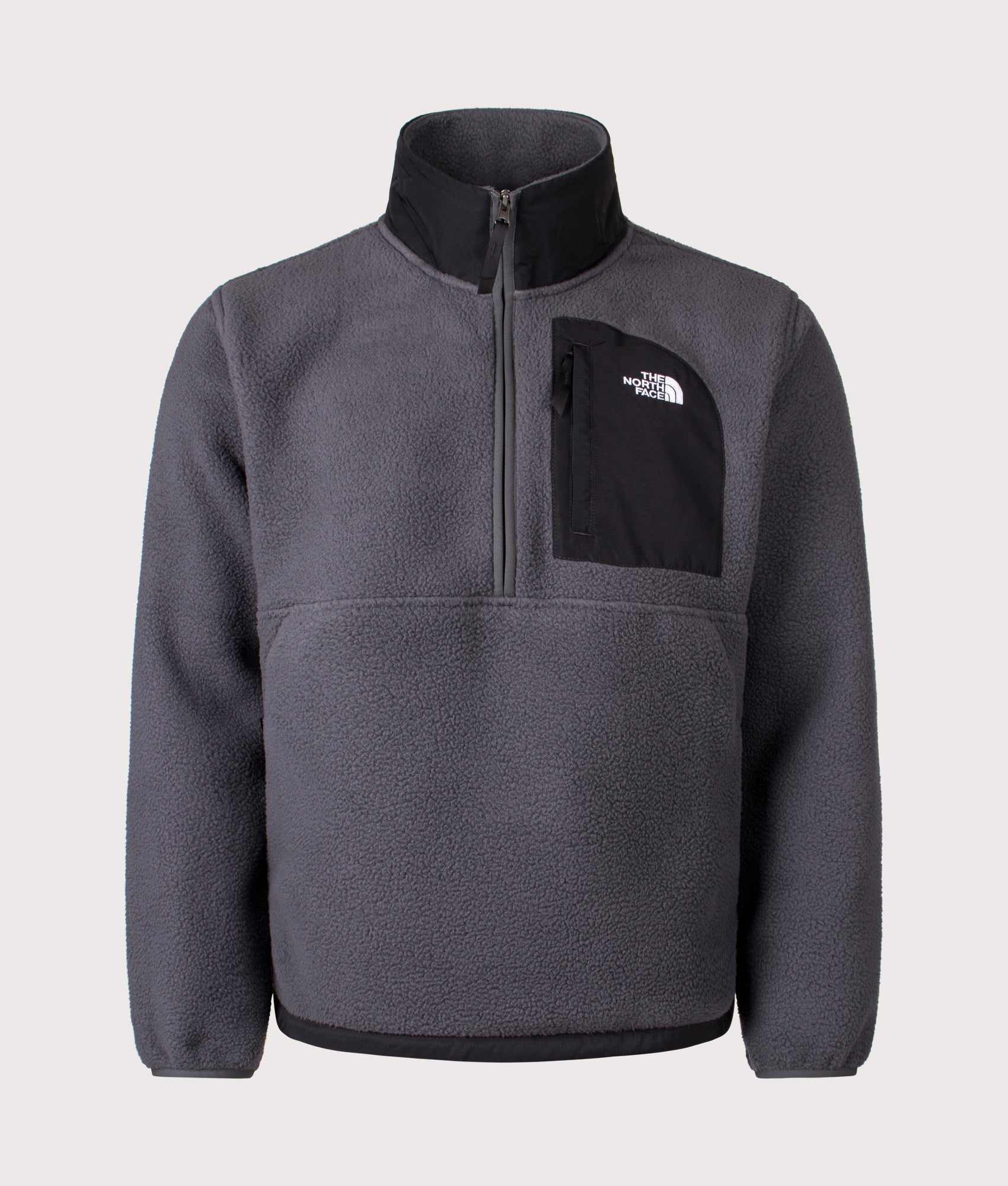 The North Face Yumiori Off-Peak Quarter Zip Fleece in Asphalt Grey and TNF Black at EQVVS Menswear. Front shot.