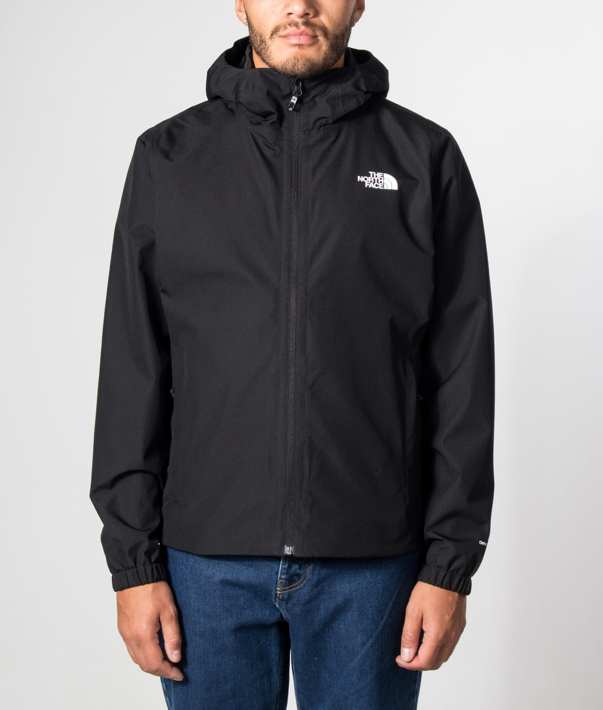 The North Face Regular Fit Quest DryVent™ Jacket in TNF Black at EQVVS Menswear. Model front shot.