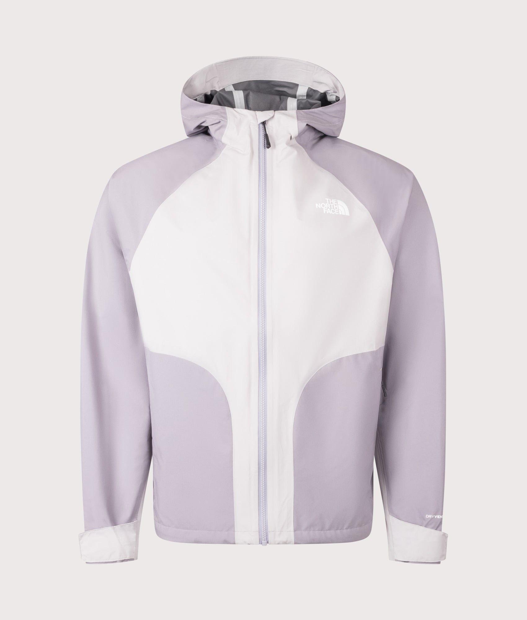 The North Face NSE Rain Jacket in Ashes Of Roses Grey and Transcendent Grey at EQVVS Menswear. Front shot.