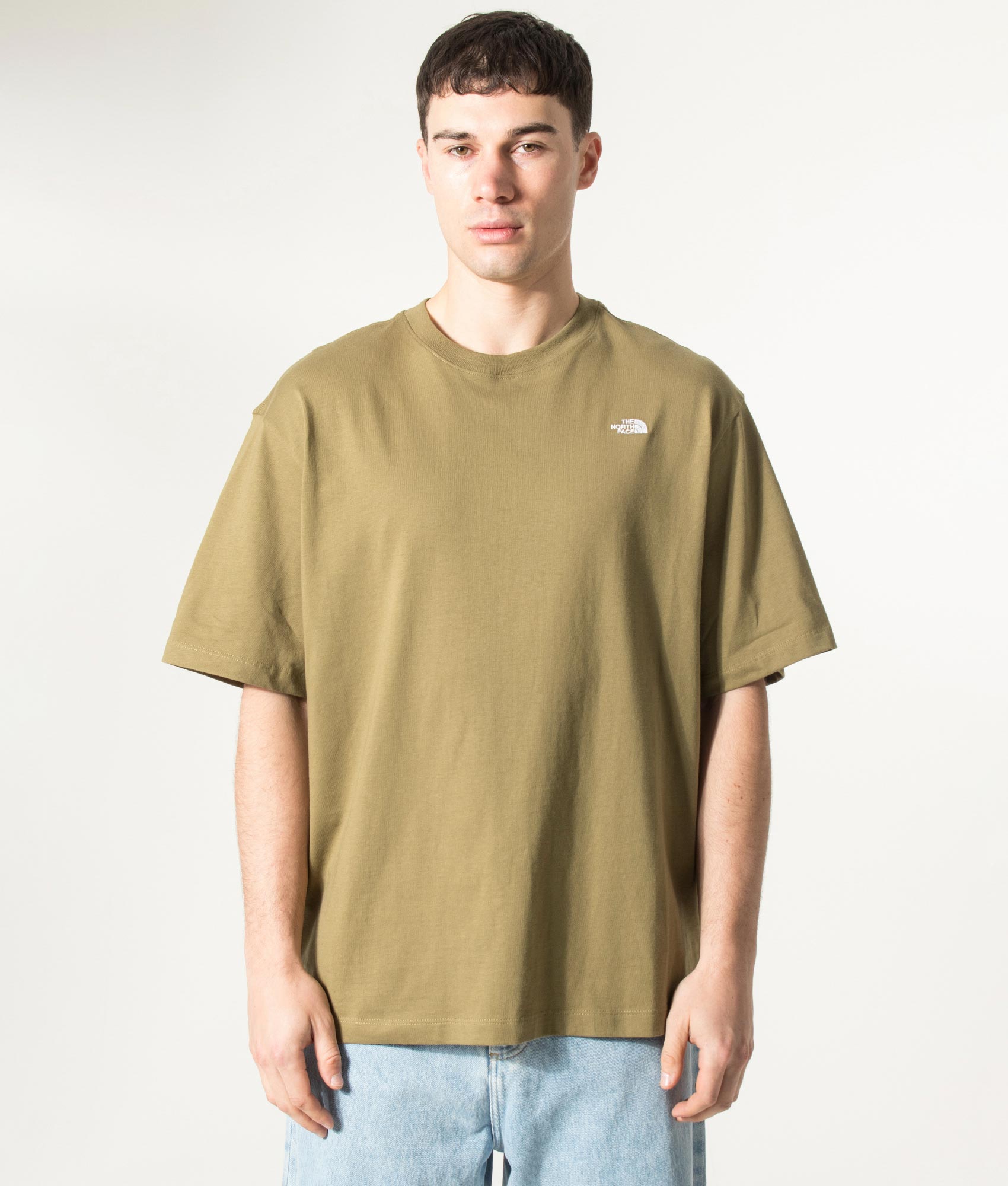 The North Face Essential Simple Dome T-Shirt in Cedar at EQVVS Menswear. Model front shot.