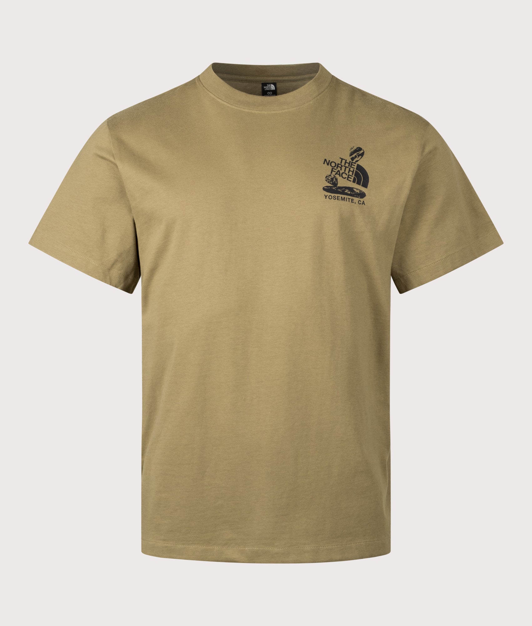The North Face Relaxed Fit Stones Graphic T-Shirt in Cedar at EQVVS Menswear. Front shot.