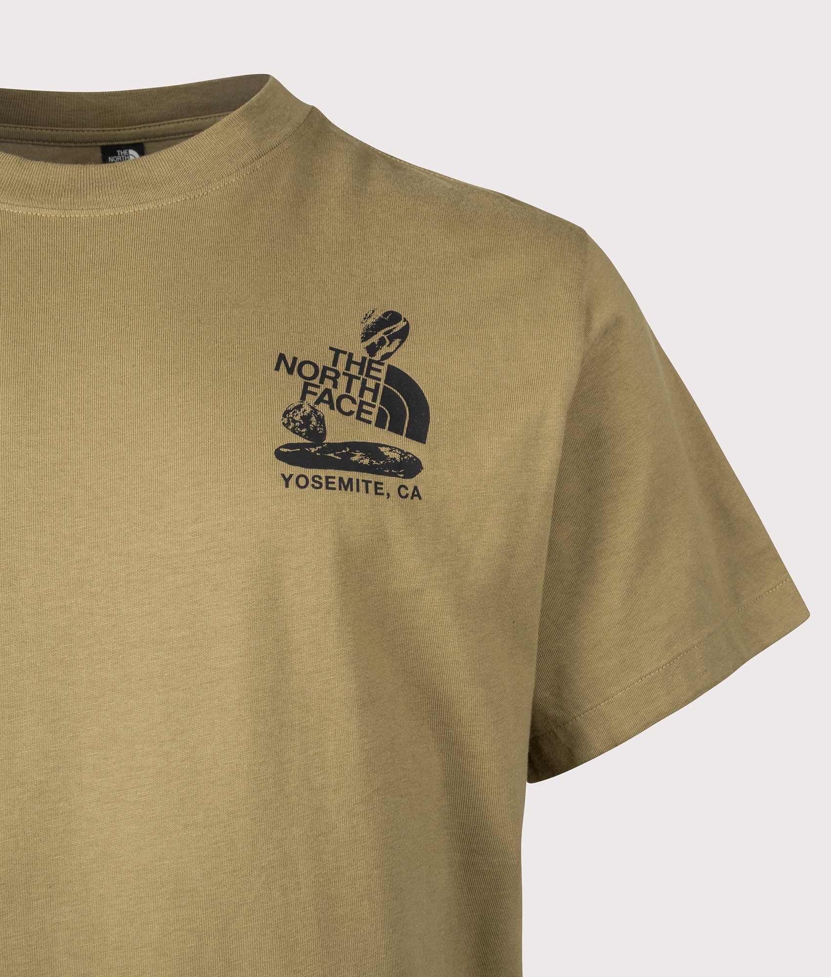 The North Face Relaxed Fit Stones Graphic T-Shirt in Cedar at EQVVS Menswear. Detail shot.