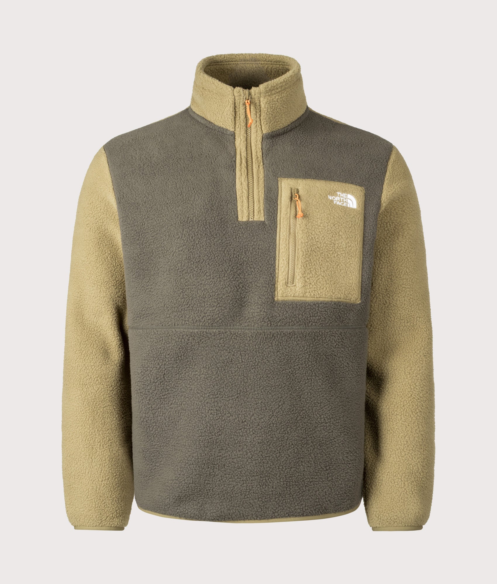 The North Face Yumiori Quarter Zip Fleece in New Taupe Green at EQVVS Menswear. Front shot.