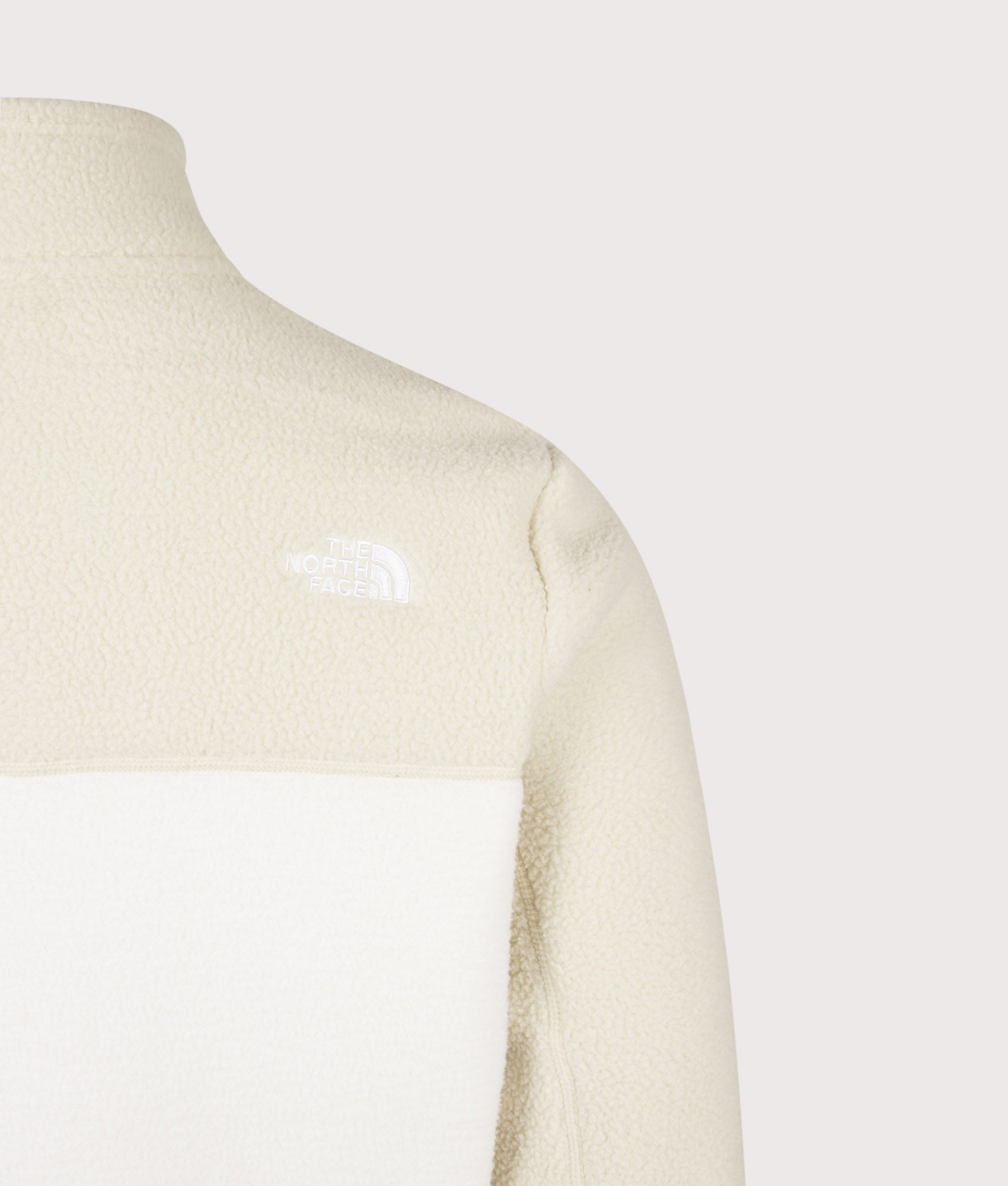 The North Face Regular Fit Yumiori Zip Through Fleece in White Dune/Desert Stone at EQVVS Menswear. Back detail shot.