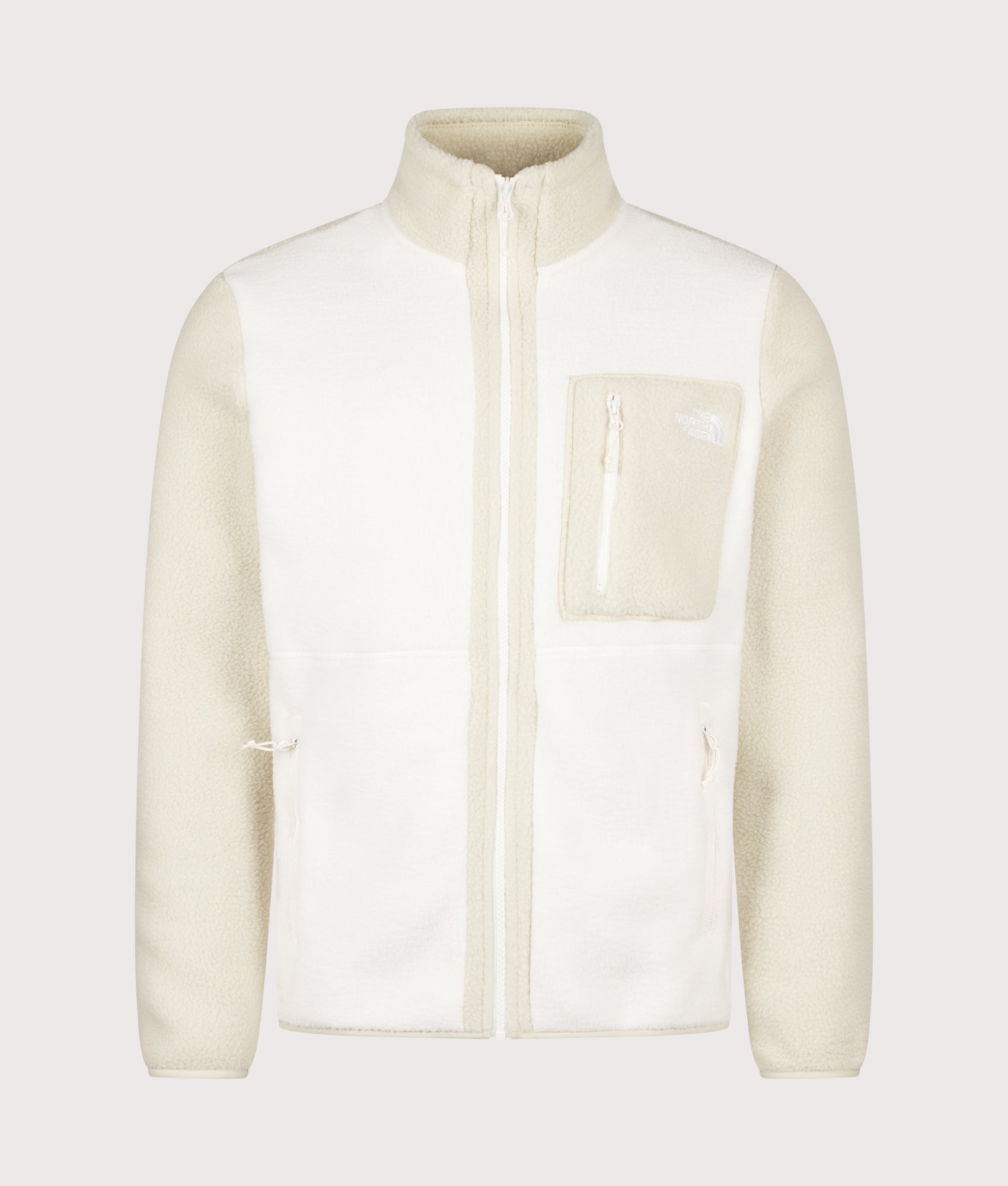 The North Face Regular Fit Yumiori Zip Through Fleece in White Dune/Desert Stone at EQVVS Menswear. Front shot.