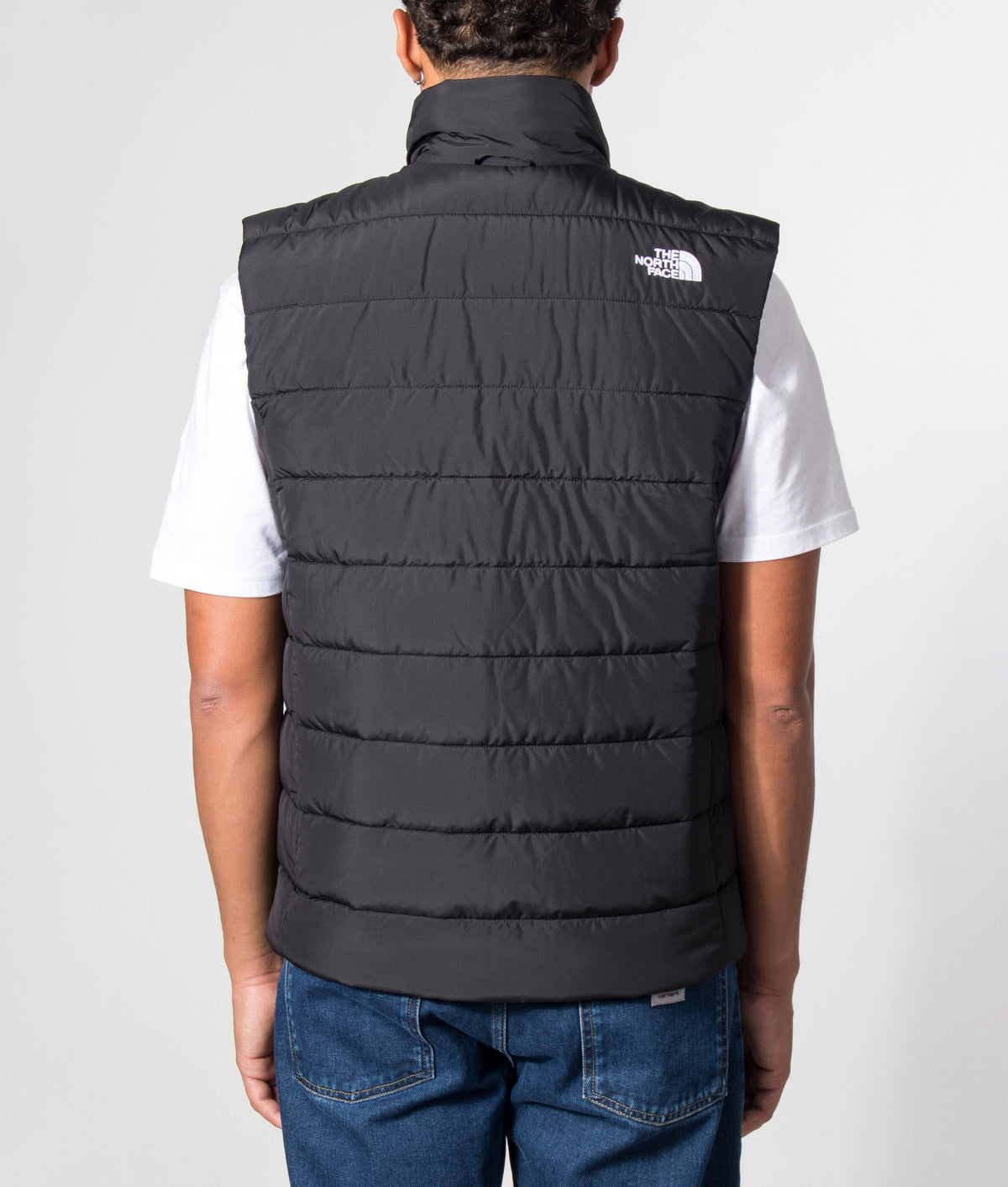 The North Face Regular Fit Aconcagua Gilet in TNF Black at EQVVS Menswear. Model back shot.