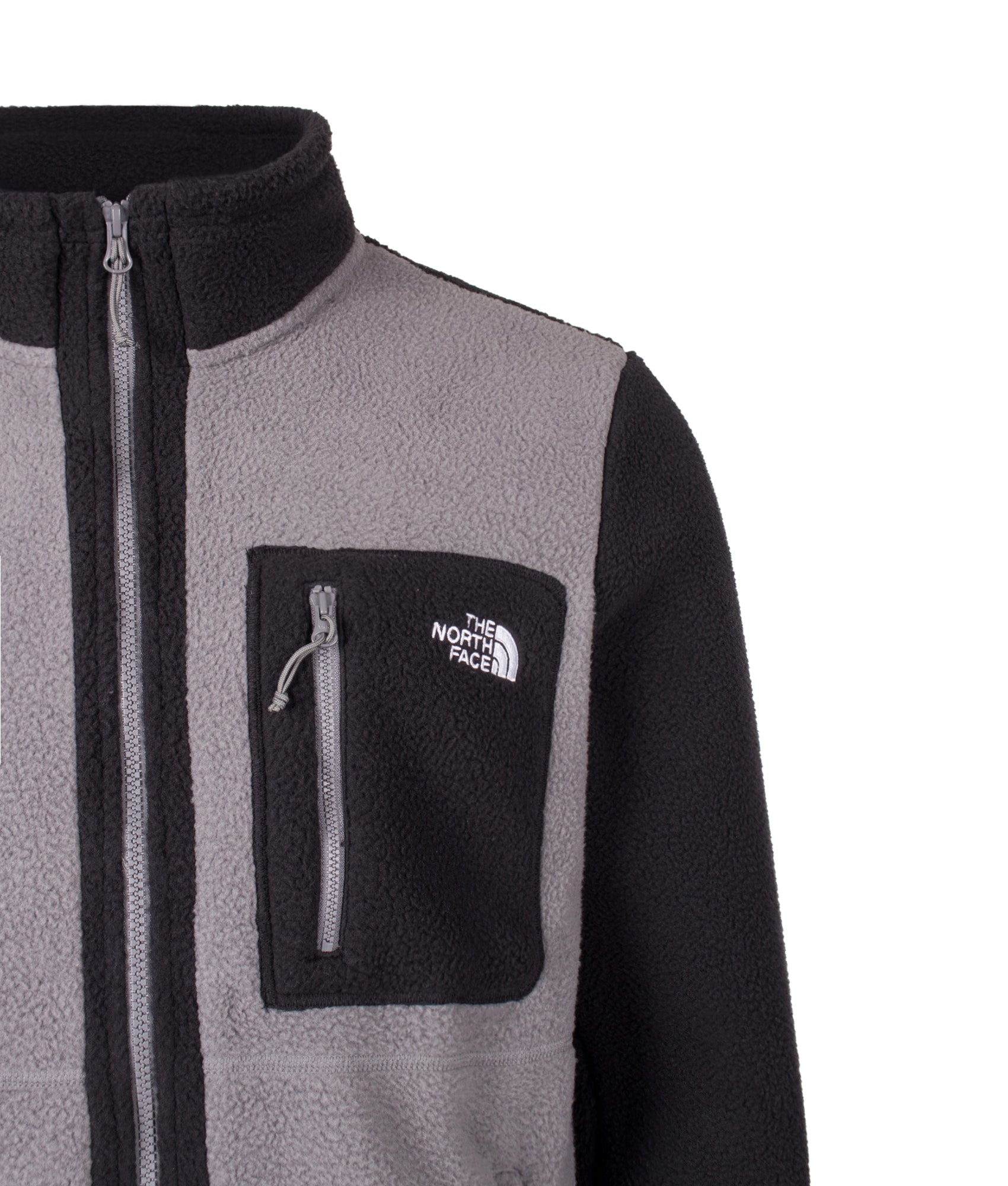 The North Face Regular Fit Yumiori Zip Through Fleece in  Smoked Pearl and TNF Black at EQVVS Menswear. Detail shot.