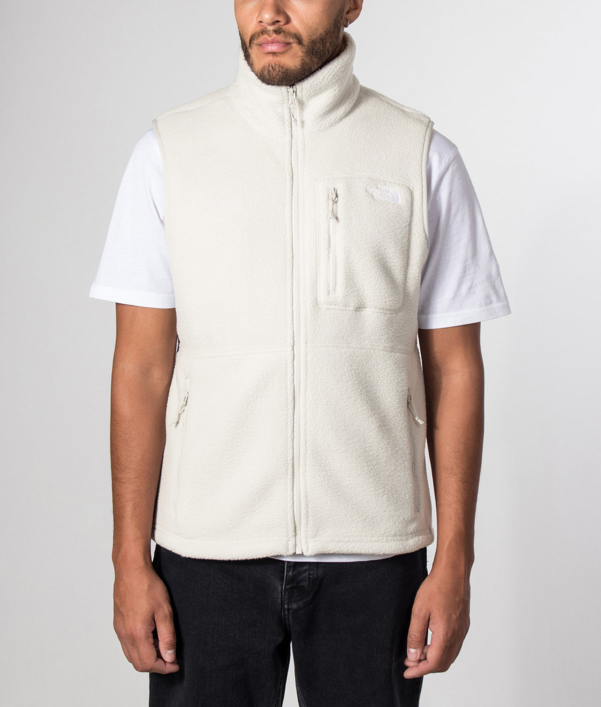 The North Face Regular Fit Yumiori Gilet  in Cumulus Cloud at EQVVS Menswear. Model front shot.