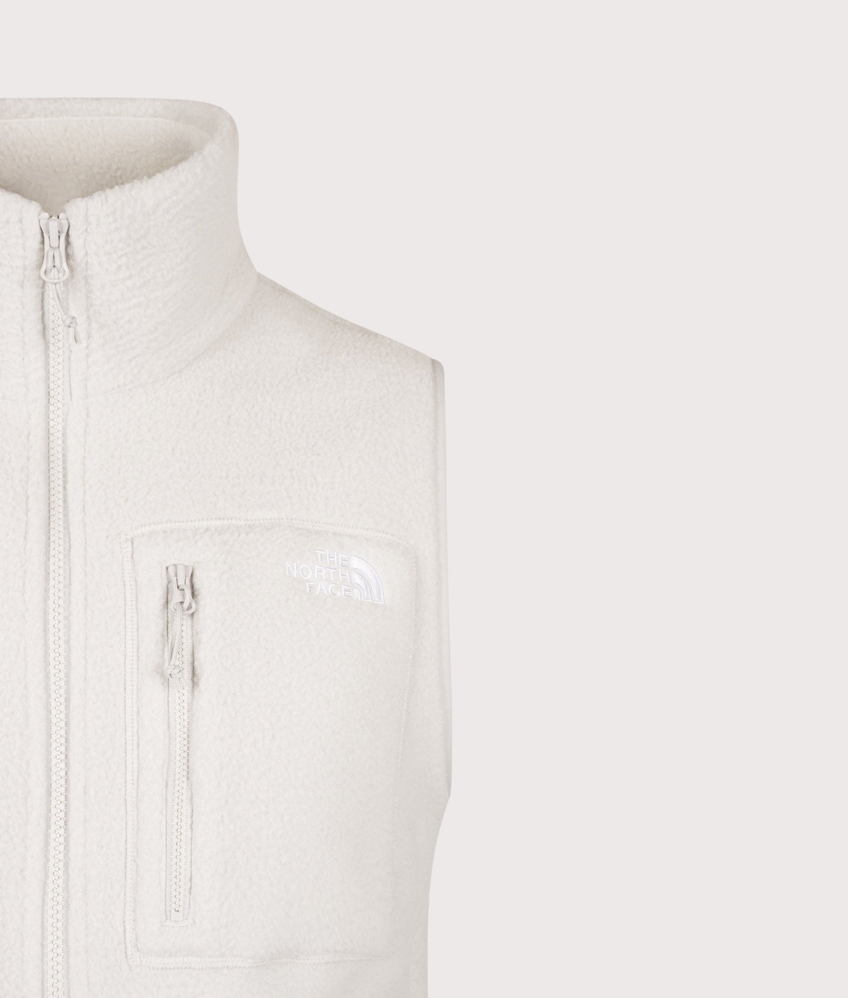 The North Face Regular Fit Yumiori Gilet  in Cumulus Cloud at EQVVS Menswear. Detail shot.